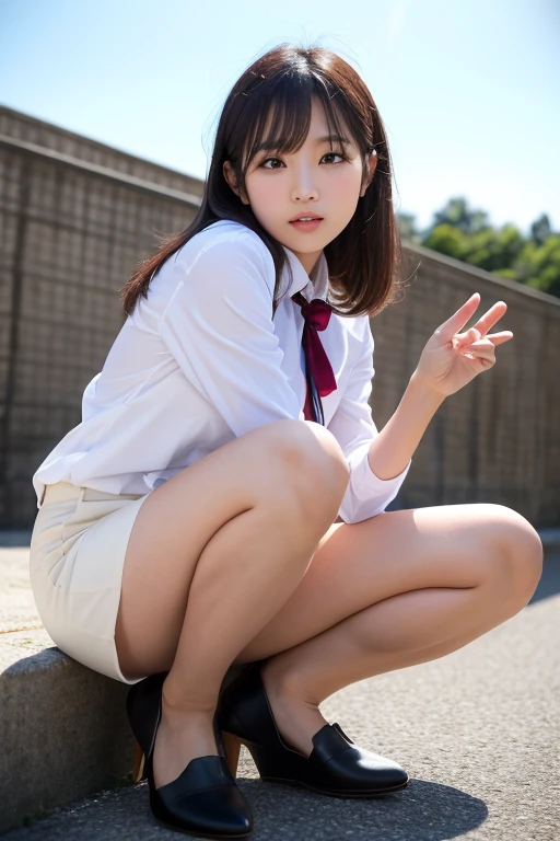 (8K, top quality, masterpiece: 1.2), (realistic, photorealistic: 1.2), sitting, (panty shot)))), (spreads your legs)))), solo, beautiful definition sky, night, wet, watching the viewer, (sit: 1.5), dating, future, (nose brush), smile, big breasts, fine beautiful eyes,), (dark blonde: 1), (short hair :1.1), Panty shot, Spread legs, Skirt, School uniform, White panties, Socks, Black hair, Shirt, Blurred, Blurred background, Knee-high, White shirt, Loafers, Realistic, Long hair, Lips, Brown eyes, Black socks, Tie, Pleated skirt, Bow, Headrest, Sideways, Outdoors, Brown footwear, Masterpiece, Best quality, Ultra detailed, ((((Panty Shot))), (((Spread your legs))),