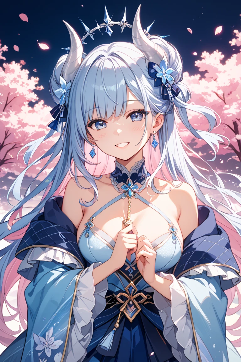 (best quality, high-res, masterpiece:1.2), perfect face, (serious expression), detailed eyes, elegant, (heterochromatic eyes), (curved blue horns), dragon woman, wearing a white and pastel blue elegant kimono, cherry blossom background, long silver hair, ponytail, side view, looking at viewer, snowy background