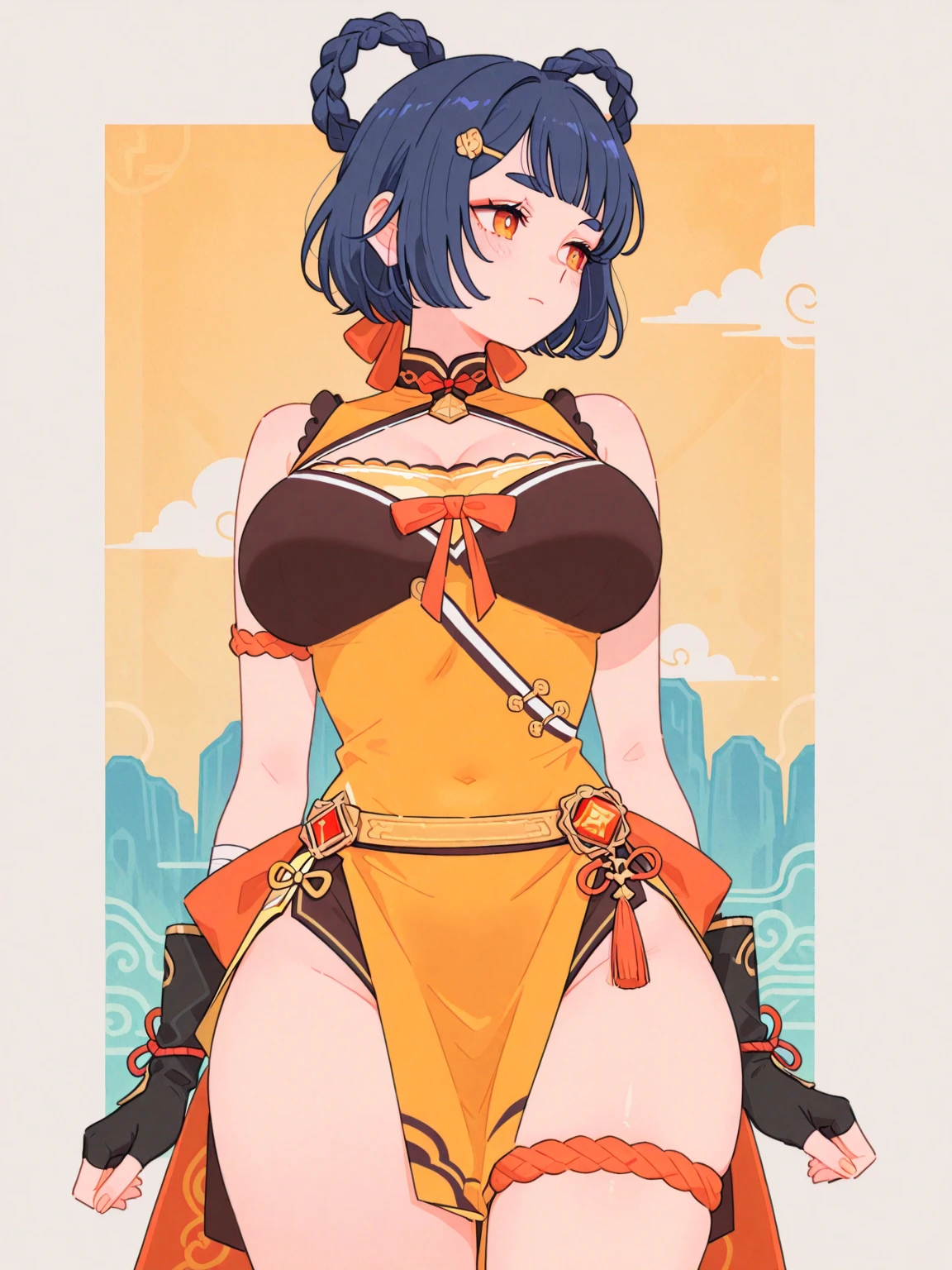 Original Character, Volumetric Lighting, Best Shadows, Shallow Depth of Field, Portrait Of Stunningly Beautiful Girl, Delicate Beautiful Attractive Face With Alluring Red Eyes, Sharp Eyebrows, Seductive Smiling, Closed Mouth, Lovely Medium Breasts, Layered Medium Twintail Black Hair, Double Hair Bun, Blush Eyeshadow, Chinese Traditional Dress, SideBoobs, Side Slit, Tassel Belt, Pelvic Curtain, Wide Hips, Bridal Gauntlets, Chinese Architecture Style Interior, Night Sky, Lattice Round Window, Antique Folding Screen, Bonsai Trees, Flowers, Standing, (Highest Quality, Amazing Details:1.25), (Solo:1.3), Brilliant Colorful Paintings, <lyco:GoodHands-beta2:1.0>