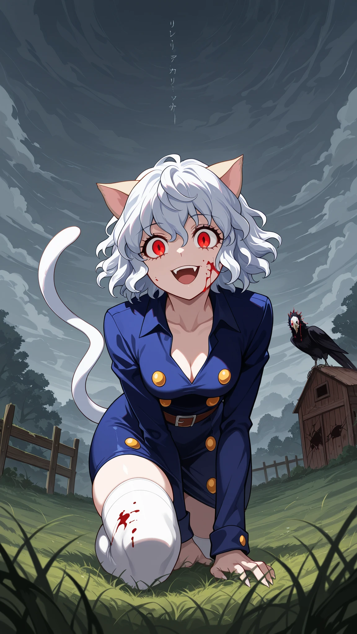 BREAK (masterpiece:1.2), best quality, high resolution, unity 8k wallpaper, (illustration:0.8), overgrown field under storm clouds, old barn with blood splattered on broken doors, black vultures perched on wooden fence, faint mist crawling over the grass, eerie silence, ultra detailed horror scene, no people,neferpitou, short hair, red eyes, animal ears, tail, white hair, cat ears, cat tail, curly hair,belt,sexy blue summer dress,white high kneesocks,cleavage,floating dress,looking at viewer,cowboy shot,wide-angel,seductive pose,blood on clothes and face,sitting on field,sitting on knees,from below,excited face,