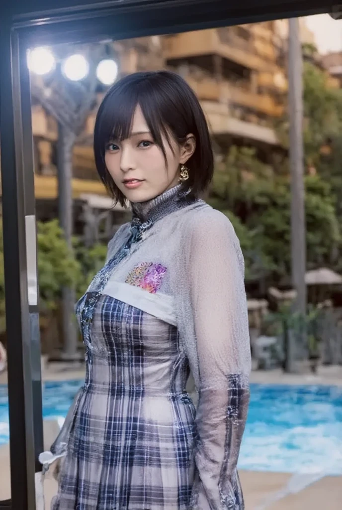 1 Girl, (Wearing a rainbow dress:1.2), (Supercluster), Very beautiful Japanese idol portraits, (RAW Photos, Highest quality), (Realistic, Realistic:1.4), (masterpiece), Very delicate and beautiful, Very detailed, 2k wallpaper, wonderful, finely, Very detailed CG Unity 8K wallpaper, Very detailed, High resolution, Soft Light, Beautiful detailed girl, Very detailed目と顔, Beautiful and sophisticated nose, Beautiful and beautiful eyes, Cinema Lighting, (Fashion magazine photography:1.3), (Outdoor), (night lighting), (Waterfront), (short hair), Complete Anatomy, Slender body, Small breasts, smile