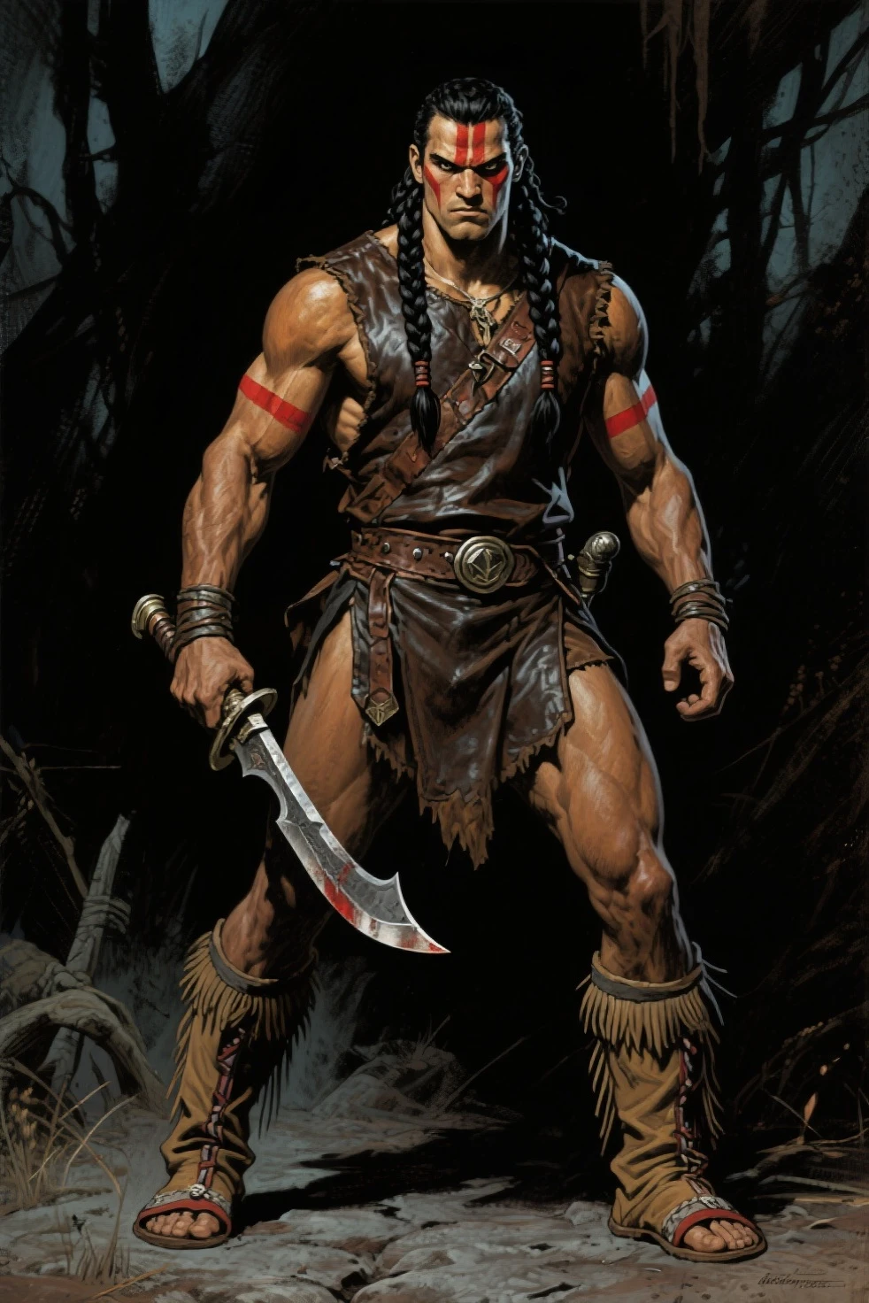 (a close up of a person holding a large axe, male barbarian, barbarian class, ((no facial hair))), picture of a male warrior, Kratos, barbarian warrior, hero from Diablo 2, with a two-handed axe, (best quality, 4k, 8k, highres, masterpiece:1.2), ultra-detailed, (realistic, photorealistic, photo-realistic:1.37), oil painting, rugged and weathered appearance, intense and fierce expression, muscular build, shirtless with battle scars, tattoos on arms and chest, wearing torn leather pants, adorned with animal fur, metal armor pieces on shoulders and wrists, holding an ancient, intricately designed, double-edged axe, (face and body blue colored tattoo symbols:1.1), glowing with a faint blue aura, dark and atmospheric lighting, hint of smoke and sparks in the background, blood splatters on the axe blade, dramatic shadows accentuating the facial features and muscles, vivid colors contrasting with the dark and moody setting)