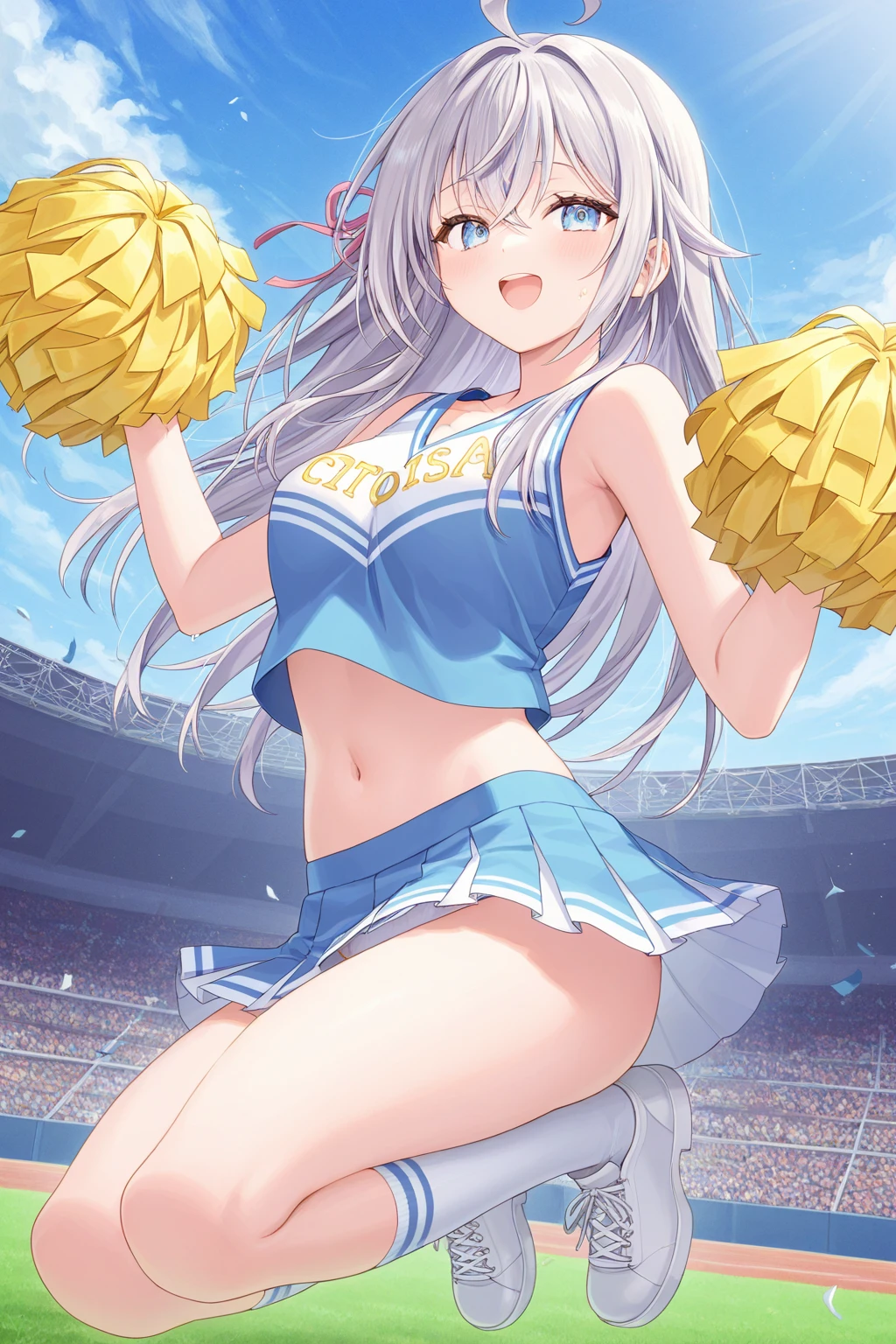 masterpiece,best quality,highres,ultra-detailed,aasanya,short hair,green eyes,<lora:Sanya_v_Litvyak:0.6>,nsfw, cheerleader, pom pom \(cheerleading\), sweat, open mouth, stadium, no pantie, hidden by cloth, ass