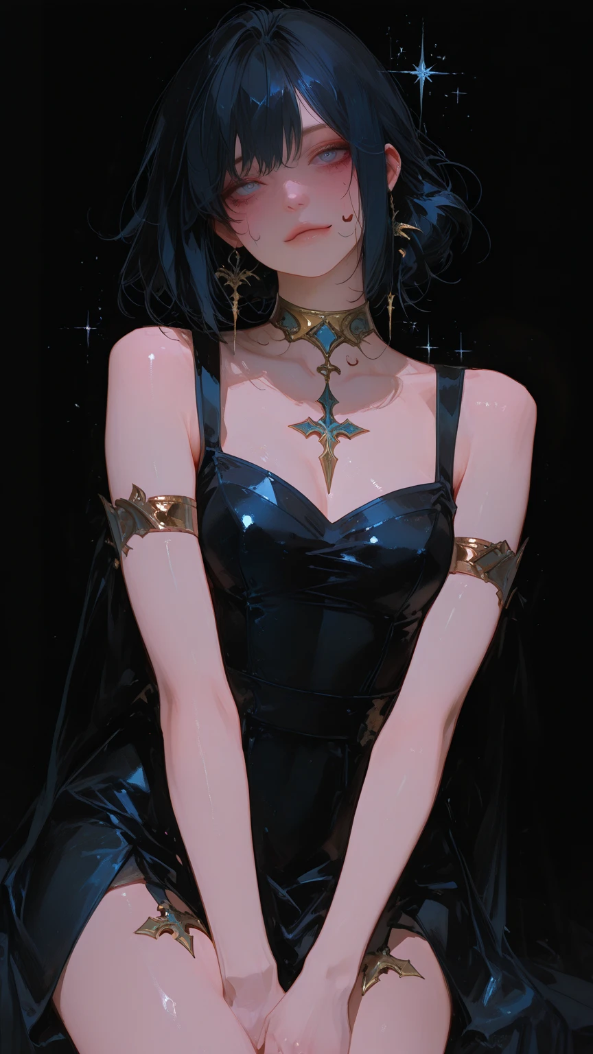 a close up of a woman in a black dress with a gold necklace, anime girl wearing a black dress, gold collar, fine details. anime, anya from spy x family, intricate ornate anime cgi style, in the anime film, screenshot from a 2012s anime, wearing gilded ribes, anime key visual of elegant, anime visual of a young woman, stocking suspenders , full body, pretty