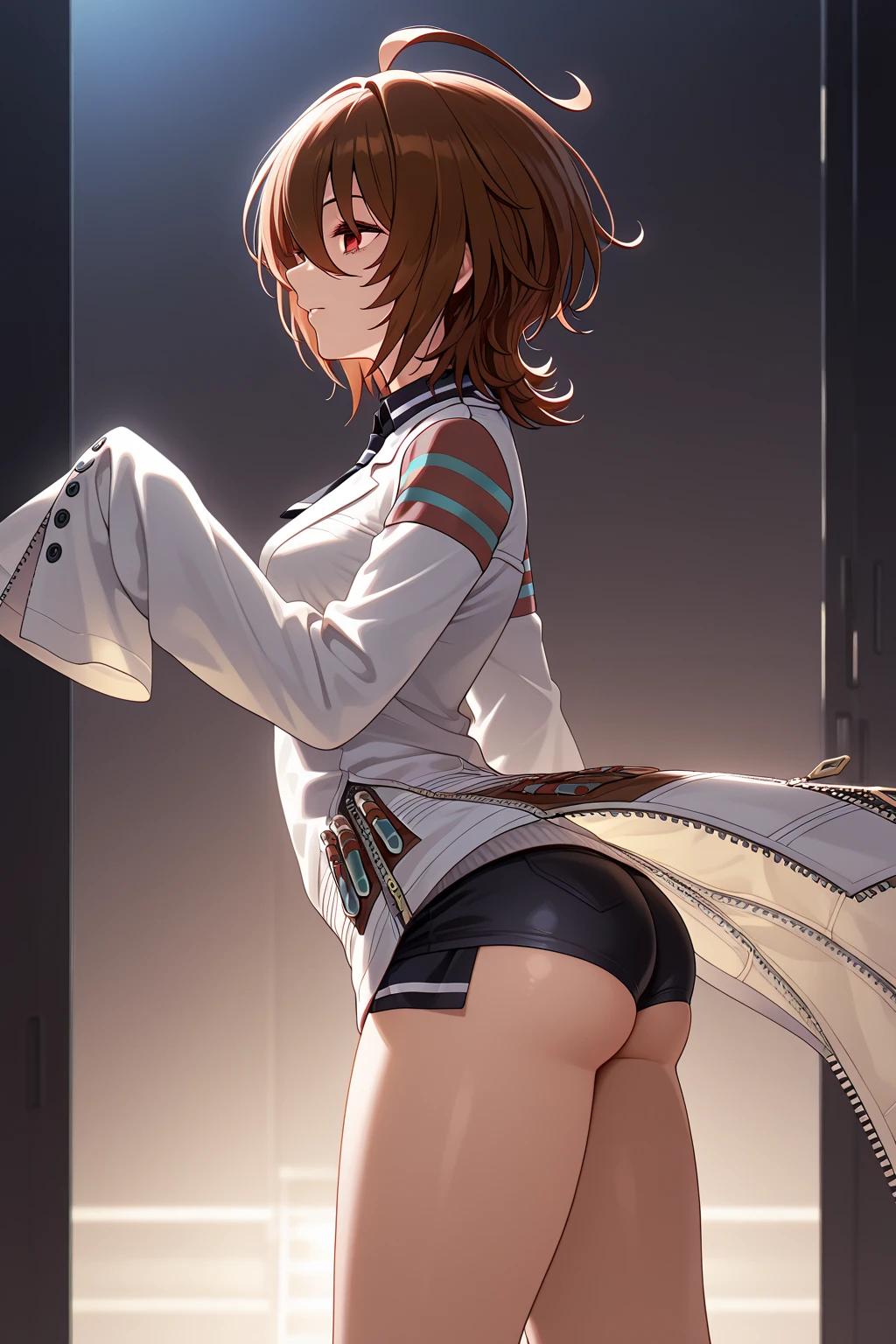 masterpiece, high quality, best quality, high resolution, 4k, high definition, beautiful lighting,highly detailed face, well drawn hands, well drawn legs,well drawn feet,well drawn eyes,1girl, alone koga,grey eyes, brown hair, short hair, hair clip,small boobs, huge ass,brown blazer, red tie , blue skirt,coloured panties,covering her butt,big breasts, medium waist, medium hips, wide thighs, good anatomy, good hands