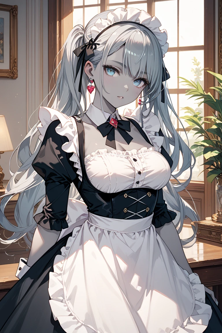 <lora:hermione_v1.0:0.8>,hermione\(azur lane\),hermione\(azur lane\),maid_headdress, waist_apron, pantyhose, puffy_short_sleeves,garter_straps,skirt_hold,indoors, smile,, masterpiece, best quality, extremely detailed face, sharp details, high contrast,