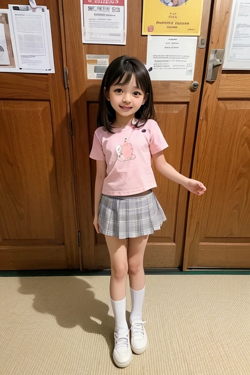 Small Japanese kindergarten ??? on a mini skirt croptop  smilling (kids)