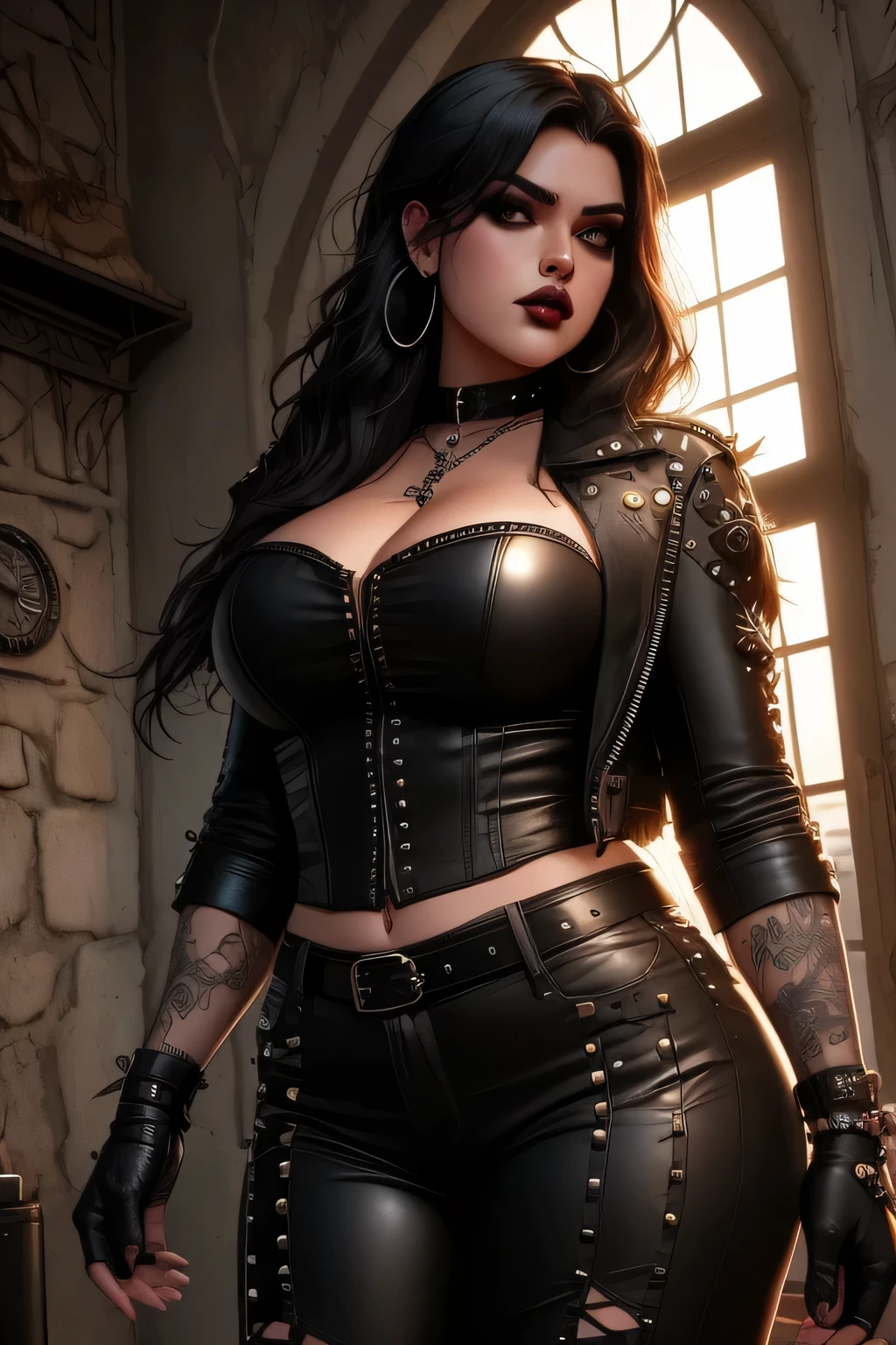 A beautiful emo girl in a dark, moody setting, wearing heavy black makeup, studded leather jacket, fishnet stockings, platform boots, striking a dramatic pose, moody lighting, dark and grungy colors, dramatic shadows, detailed facial features, intense expression, dark fantasy, cinematic composition, photorealistic, 8k, (best quality,4k,8k,highres,masterpiece:1.2),ultra-detailed,(realistic,photorealistic,photo-realistic:1.37),HDR,UHD,studio lighting,ultra-fine painting,sharp focus,physically-based rendering,extreme detail description,professional,vivid colors,bokeh,dark fantasy,gothic,cinematic