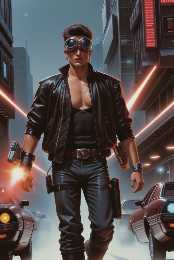 masterpiece, best quality, realistic, the terminator wearing a sunglasses, macho, holding a shotgun at a cyberpunk night city, BREAK vector art, pop art, 2D, deformation