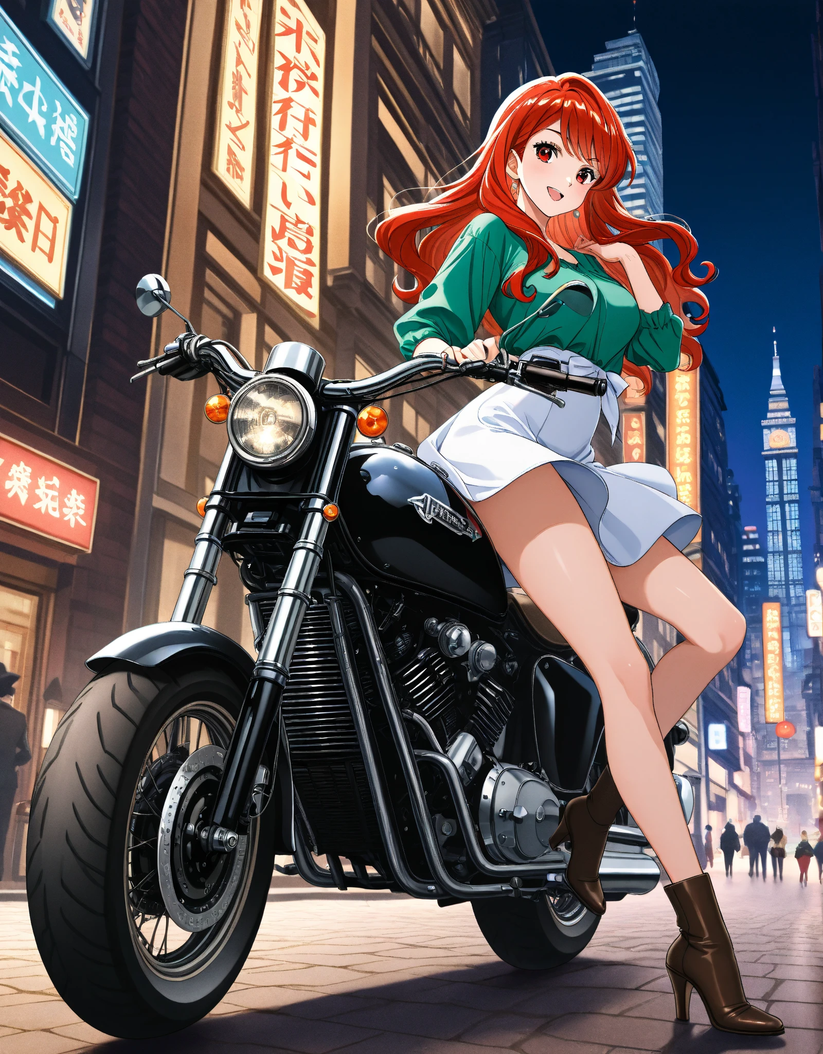 1girl, solo, long hair, breasts, looking at viewer, large breasts, brown hair, hat, city street,swimsuit, ass, bikini, looking back, pants, high heels, sideboob, underboob, denim, ground vehicle, bikini top only, motor vehicle, red bikini, jeans, motorcycle, cowboy hat