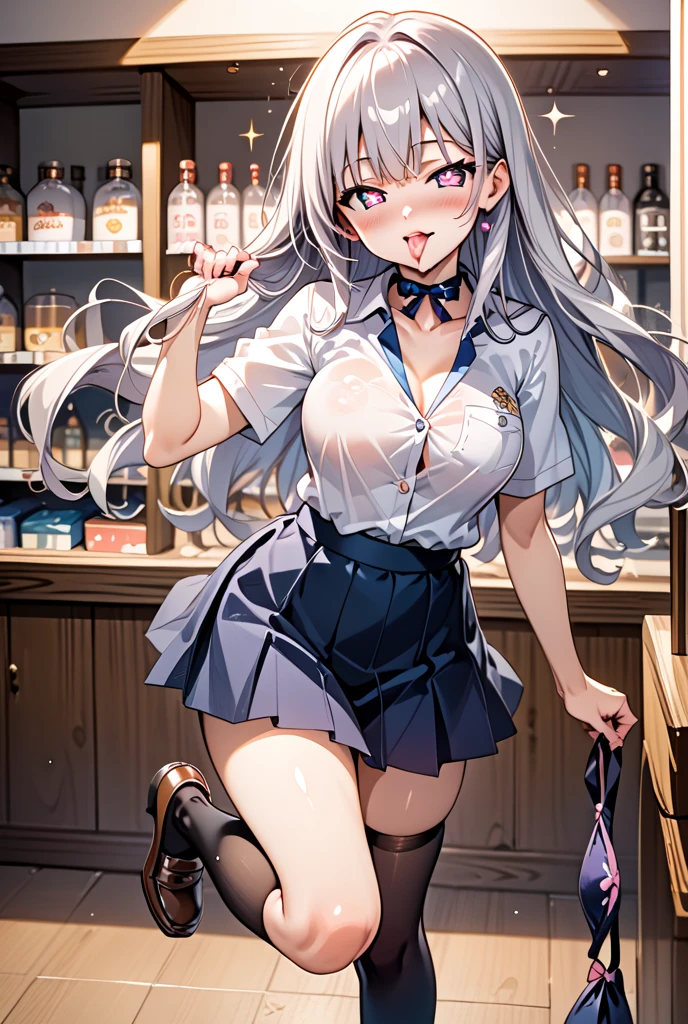 (masutepiece: 1.3), (max resolution: 1.2), (Ultra HDTV: 1.2), cinema lite, Ultra HDTV, (Detailed eyes and skin), (detailed facial features), 8K resolution, Sharp Focus: 1.2, Perfect Style, Beautiful Face, accurate, Anatomically correct, Highly detailed face and skin texture, Detailed eyes, Dark-blue eyes, Double eyelids, Thin eyebrows, (dropped eyes:0.65), (Glitter Eyeliner:1.2), Natural cheeks, (Sweaty skin), (Fair skin:1.2), shiny necklace and earrings, (Glossy lips: 1.4), BREAK, absurderes, One-person viewpoint, (She is Very Cute female bar hostess), (While Wearing a white String micro ??????:1.2), BREAK, (wear a blazer:1.3), BREAK, ((skirt:1.2)), ((showing string panties a liittle:1.2)), (high heels), BREAK, (shy smile:1.2), ((18 years old, A Very Cute and neat girl:1.3)), (high-ponytail hairstyle, Wavy Hair), ((Dark Silver hair:1.4)), Medium Long Hair, BREAK. ((Super Close-up of ???????: 1.4)), (looking at viewer:1.2), ((???? pose with ??????? sticking out:1.4)), (by the bar counter)), ((hands on face:1.3)), (Focus on ???????:1.6), (From below), medium ?????????????, ((In the super ?????? nightclub:1.4)),, BREAK, ((Pink neon lights:1.2)), (((dimly bar:1.2))),