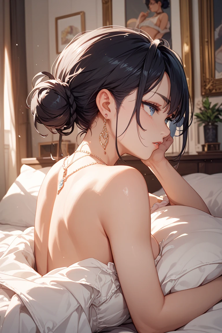 The prompt for the given theme  as follows: naked girl on bed, soft bed sheets, beautiful detailed eyes, beautiful detailed lips, long eyelashes, silky , flowing hair,  and relaxed pose, warm and inviting lighting, realistic rendering, vibrant colors, intimate atmosphere, delicate shadows, high-resolution image (4k:1.2), detailed facial features, captivating expression, tasteful composition, elegant and  aesthetic, erotic undertones. tan skin, long black ponytail
