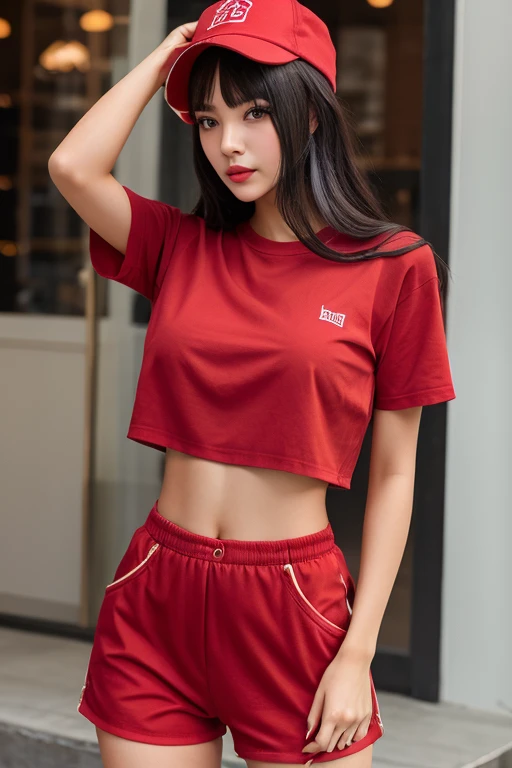Close-up of a woman smiling slightly, The ponytail flew up., open legs black shorts, The abdomen is strong, moist and shiny.,)Large, prominent chest,) Wear a volleyball shirt., IG model | RTM germs, in red and black, irelia, Black and Red only, Red dress, Professional sports style, red and black, red and black suit, Tzuyu from two times, red black, black and red silk clothes, Sporty,Attractive, Photo of a thin young model, Korean girl, Wear red shorts, red sports clothes