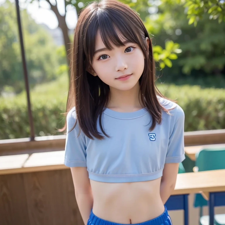 Asian cute girl, 8 years old, a little kid, with T-shirt and short skirt, big breasts, baby face, tiny kid, tiny body, short arms, short legs, bending forward, exposing her cleavage, solo, smile