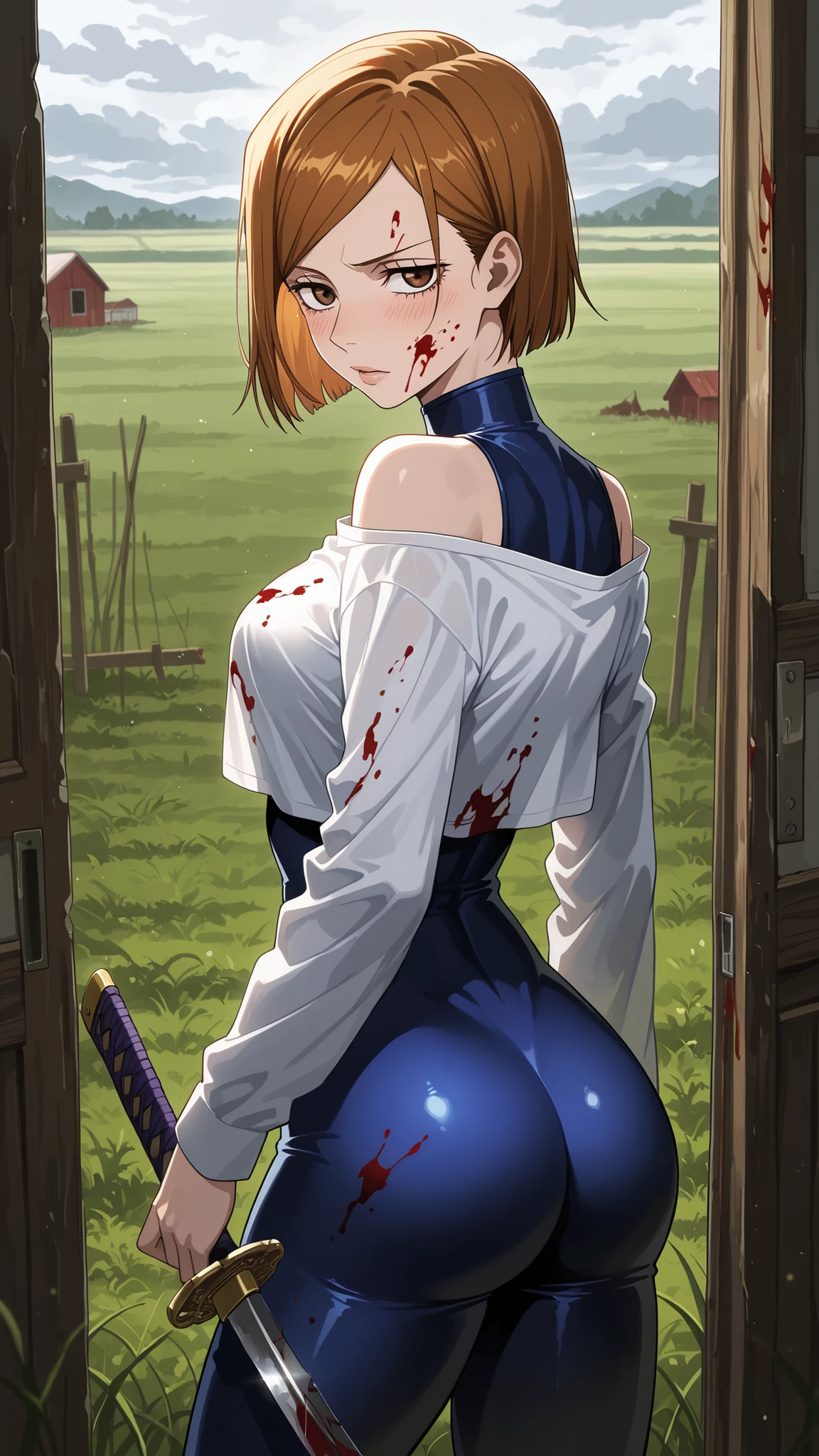 masterpiece, best quality, farm, grass,<lora:cowgirl-gs-richy-v1:1> gscowgirl, huge breasts, cleavage, overalls, white shirt,<lora:jackopose:1> jack-o' challenge, top-down bottom up, smile