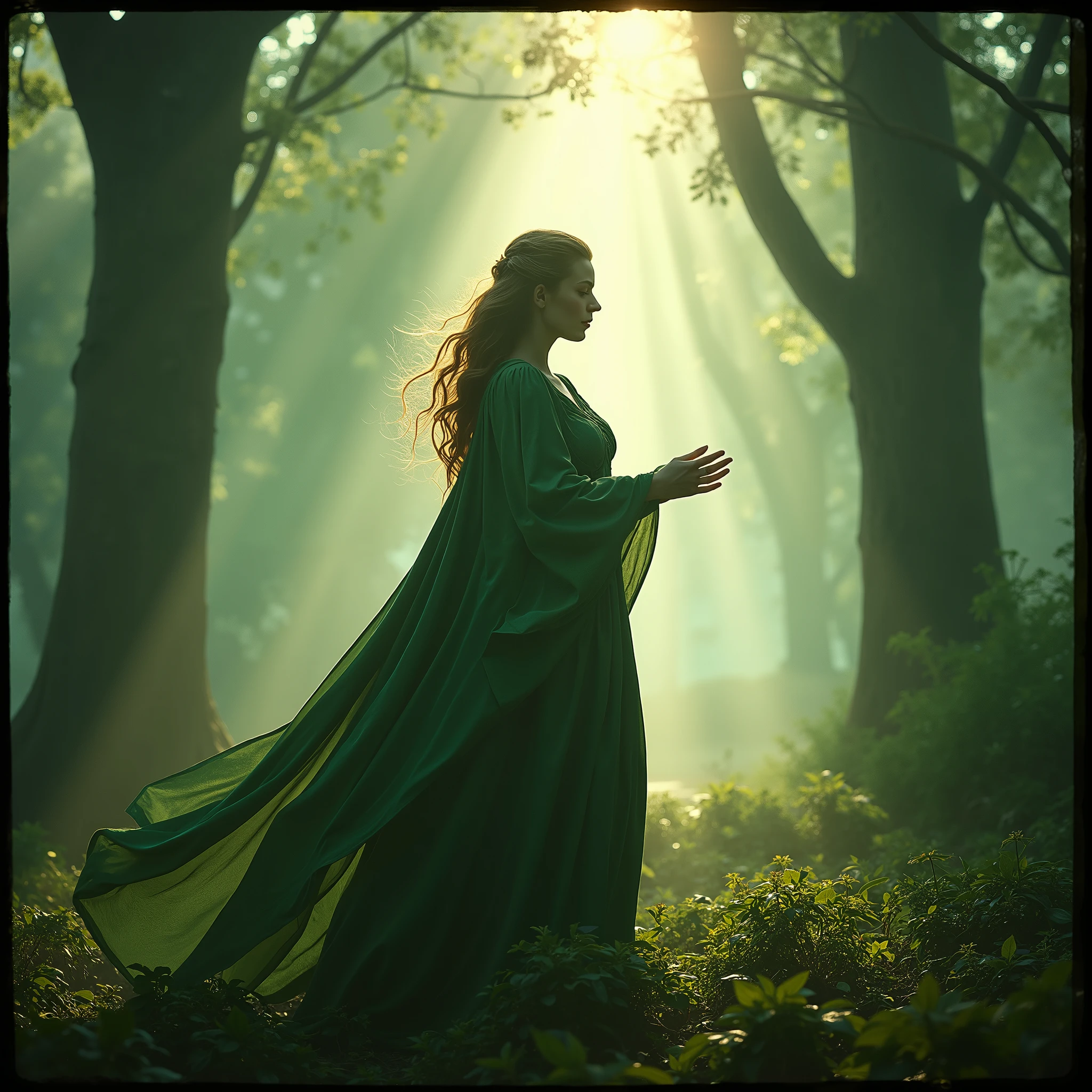 A cinematic film still from a fantasy epic, captured with breathtaking detail on v-raptor XL. A powerful druidess stands at the heart of an enchanted forest, her robes fluttering in the gentle breeze, a symphony of greens and earthy tones that blend seamlessly with the verdant surroundings. The towering trees, ancient sentinels of the mystical realm, glow with an inner luminescence that pierces the dense mist, casting elongated shadows across the forest floor. The atmosphere is thick with anticipation and the sacred energy of the ritual, as the air vibrates with the haunting melody of her chant. The color grading lends a dreamlike quality to the scene, with a warm, amber hue that suggests the setting sun's last kiss upon the woodland. The 35mm film grain adds a gritty, yet nostalgic texture, transporting the viewer to a time where myth and reality intertwined. A vignette frames the druidess, drawing focus to her intense gaze as she commands the elements, her hands moving in a mesmerizing dance of ancient incantation. The composition is masterful, with live-action realism that brings the hyperrealistic scene to life. Every leaf and droplet of dew is rendered with painstaking attention, creating a visual tapestry that is nothing short of a masterpiece. The stunning contrast between the vibrant foliage and the ethereal glow of the trees creates an otherworldly aura, making this single moment feel like a still plucked from the most epic of narratives. The shot is imbued with a dramatic intensity that speaks to the druidess's unyielding power, while the mist-covered forest whispers of the secrets it holds. This image is a testament to the art of storytelling through visual medium, capturing the essence of a world where the veil between the mortal and the divine is at its thinnest.