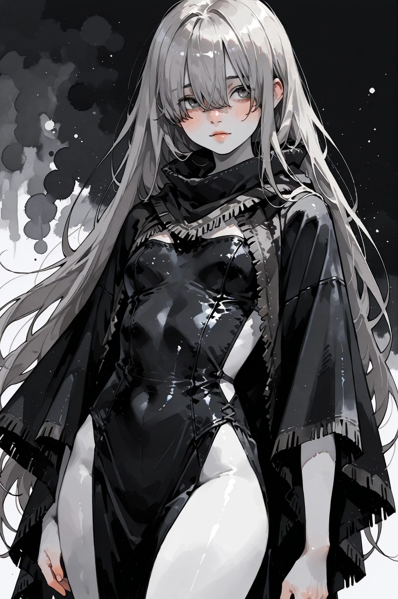 ((Black Theme)),sfw,
1girl,Super Detailed,absolute resolution, dynamic angle,(tanned skin:0.3),portrait,((pinup)),cowboy shot,
poncho,
,
detailed and beautiful face and eyes,light gray hair, gray eyes,
very long hair,, hair over eyes, small breasts,,,
,(blush:0.6),(nose blush:0.6),(parted lips:0.6),(watercolor background),(Watercolor anime:0.5),