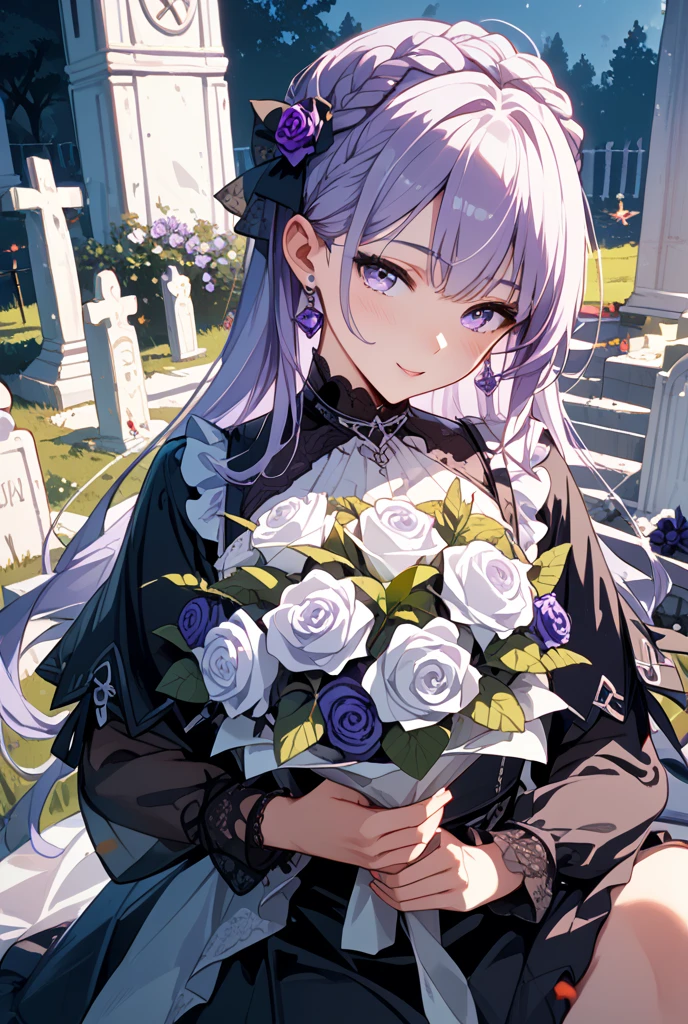 1girl, masterpiece, best quality, hyper detailed, Cinematic light, intricate_detail, highres, official art, finely detailed beautiful face, high resolution illustration, 8k, dark intense shadows, overexposure,medium white hair, messy hair, purple eyes, light smile, light glowing eyes, white dress, limited palette, black flower hair ornament, holding black rose, upper body, large breasts, detailed cloud, dark sky, gradient sky, red flower field, (eyes in shadow), depth of field, ((graveyard)), wide shot, ((tombstones))