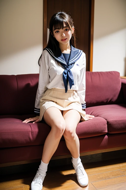 ((highest quality、8k、masterpiece:1.3)),((((fullbody shot)))),Ultra-high resolution,big eyes,Japanese,bangs,(((a girl))),(((1 girl))),((20 years old)),((facing at viewer)),grin,((looking at viewer)),(long hair),(((black sailor uniform))),((sitting on chair)),(((open leg))),(pleated mini skirt),