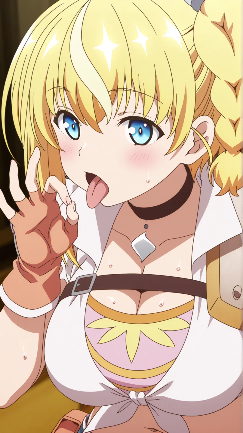 1girl,nishikigi chisato(lycoris recoil),{{purple dangerous beast cos}},{{dangerous beast}},dangerous beast cosplay,NSFW uncensored, {official art}((anime style)),from side, bust shot, {{{{fellatio gesture, looking at viewer}}}}, half-close eyes, [[tongue]], open mouth, seductive smile, {{{heavy breathing, sweat}}}, huge breasts, [long sleeves, white gloves, bare shoulders], {{{{motion line}}}}, heart symbol, indoor, bulry background, , best quality, amazing quality, very aesthetic, absurdres,1girl,fellatio gesture, tongue out, fellatio gesture,memcho, blonde hair, blue eyes, blunt bangs, demon horns, fake horns, horns, short hair,