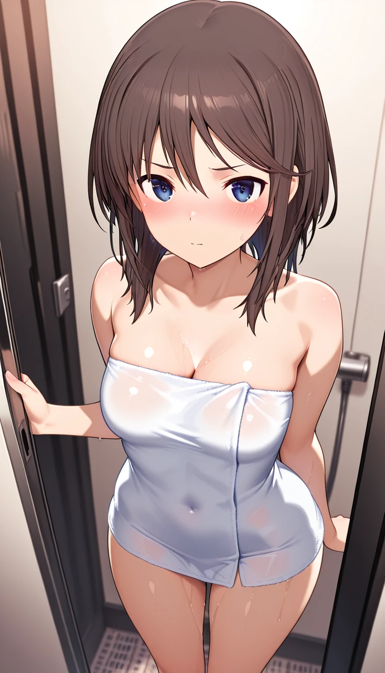 UHD, retina, ccurate, anatomically correct, super detail, high details, high quality, best quality, HD, 4K, {{mkm1, short hair}}, brown eyes , blue shirt, , pleated skirt, long sleeves, collarbone, serafuku, medium breasts,( medium breasts ,naked ,topless ,pussy ),vagina ,nipple ,go commando, braless,Photographed from the opposite building,She is standing by the window,Photograph taken through the window, looking afar,{{{Peeking,Voyeurism}}}
