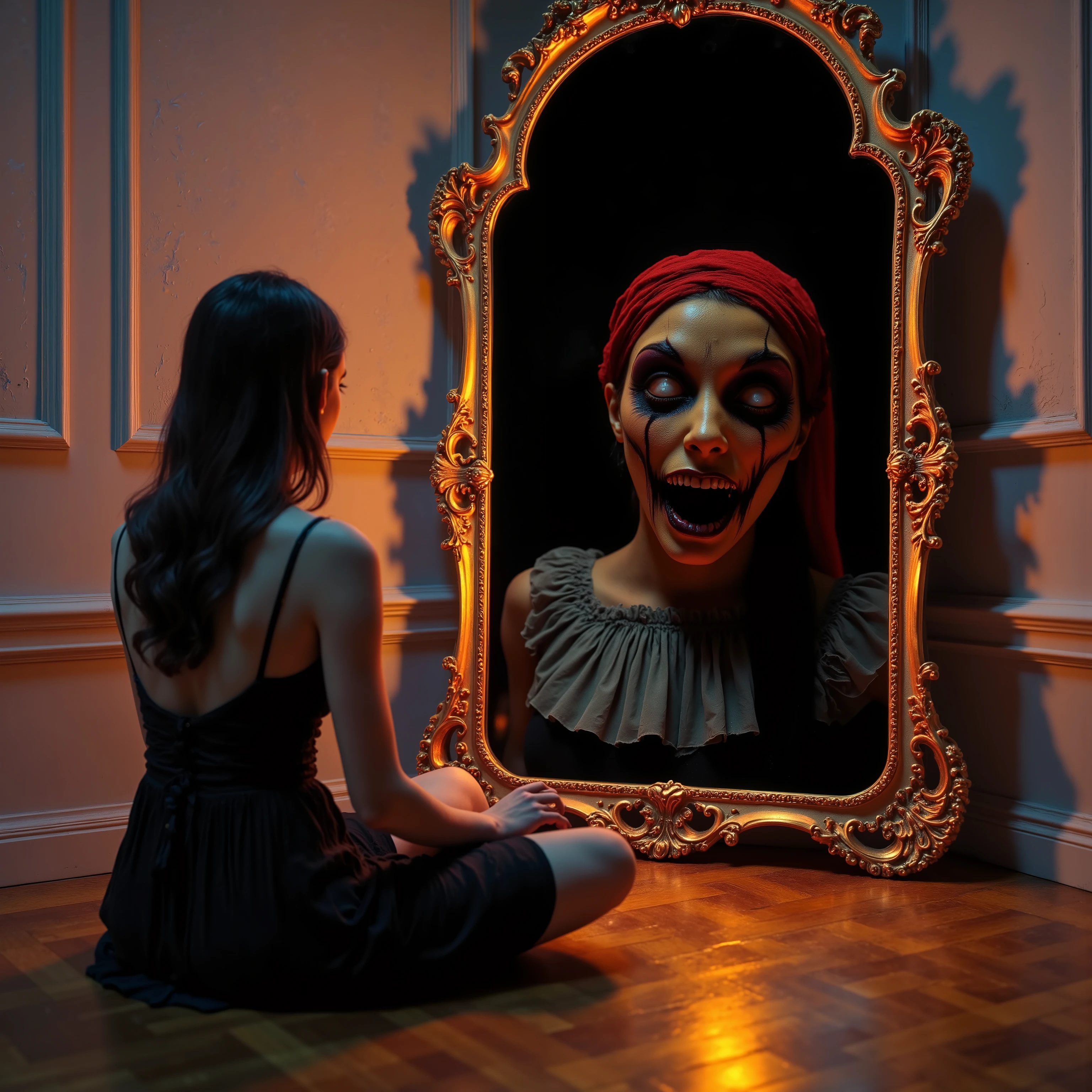 A young woman with long, dark hair is sitting cross-legged on a polished wooden floor, facing an ornate, gold-framed mirror. She wears a black, sleeveless dress with spaghetti straps. The room is dimly lit, with warm light casting soft shadows on the walls, creating a dramatic, almost magical atmosphere. The mirror's intricate frame features elegant scrollwork and is slightly tilted against the wall, enhancing the artistic composition of the scene. In the reflection, under a contrasting bright light, a figure in traditional attire with a red headscarf and a ruffled, gray top is visible, adding an element of intrigue and a sense of otherworldliness to the setting. The color contrast between the warm room and the vivid reflection creates a captivating visual dynamic, hinting at a deeper narrative or a mystical experience.