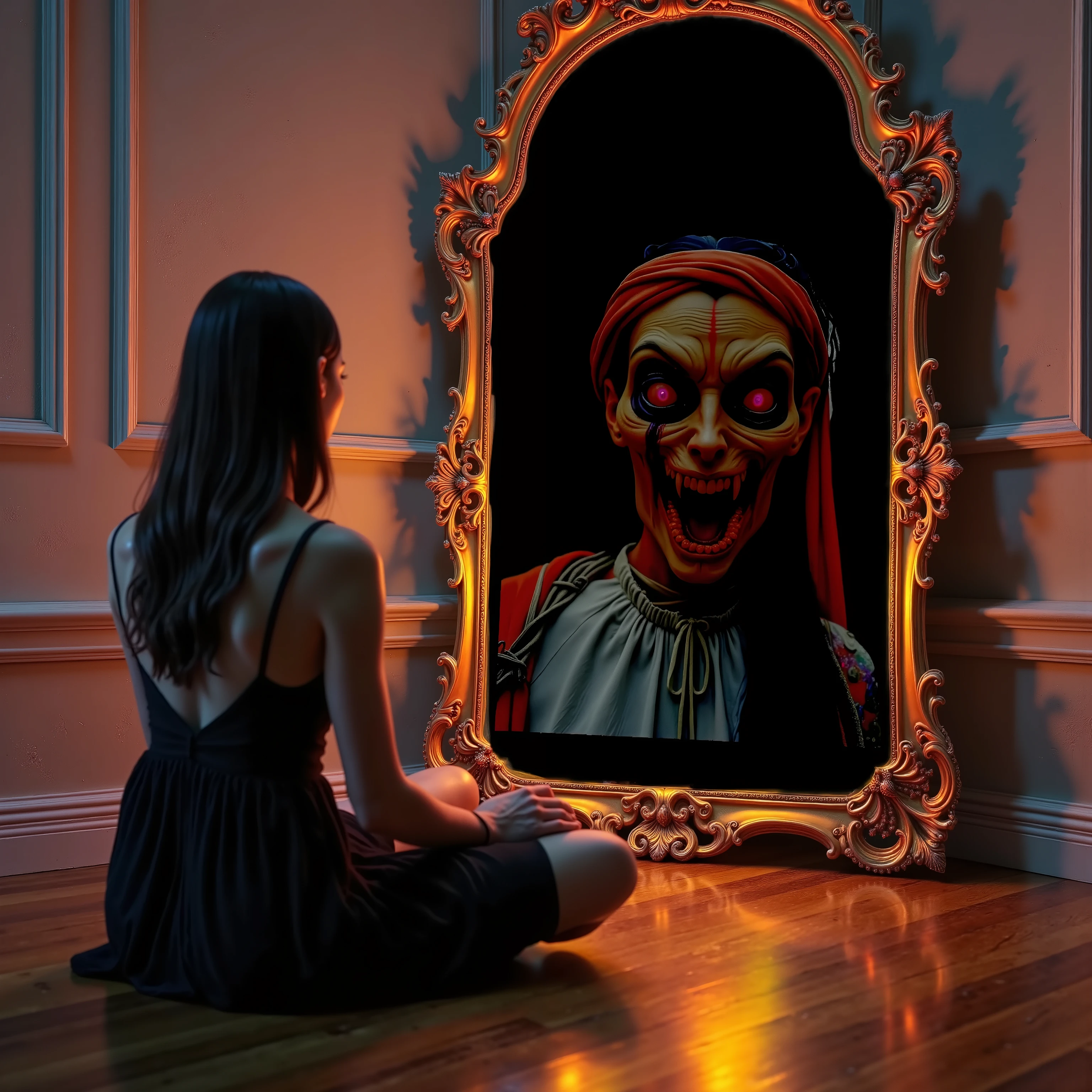 A young woman with long, dark hair is sitting cross-legged on a polished wooden floor, facing an ornate, gold-framed mirror. She wears a black, sleeveless dress with spaghetti straps. The room is dimly lit, with warm light casting soft shadows on the walls, creating a dramatic, almost magical atmosphere. The mirror's intricate frame features elegant scrollwork and is slightly tilted against the wall, enhancing the artistic composition of the scene. In the reflection, under a contrasting bright light, a figure in traditional attire with a red headscarf and a ruffled, gray top is visible, adding an element of intrigue and a sense of otherworldliness to the setting. The color contrast between the warm room and the vivid reflection creates a captivating visual dynamic, hinting at a deeper narrative or a mystical experience.