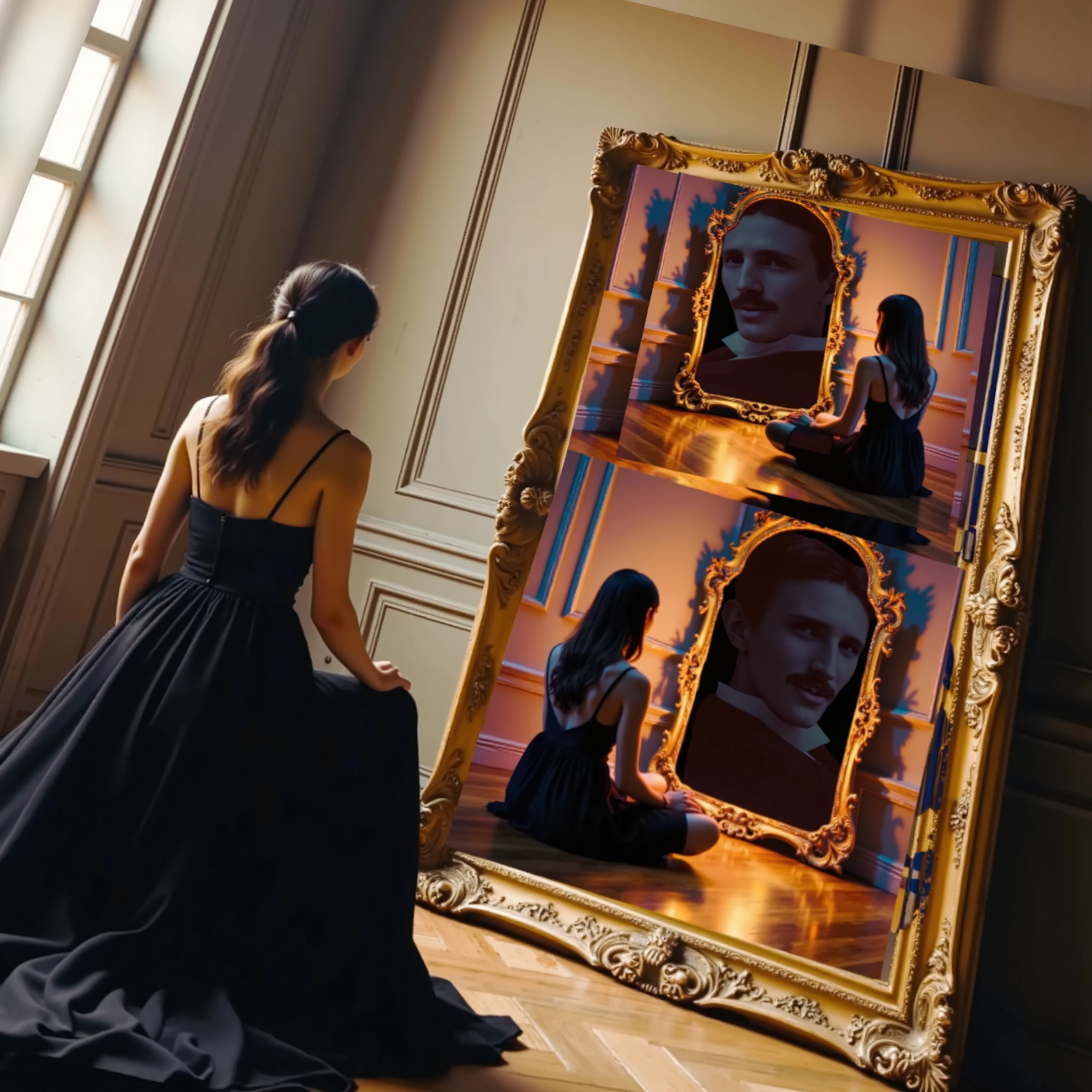 A young woman wearing a flowing black gown sits facing an ornate, oversized golden mirror in an elegant room with wooden floors and classical wall paneling. Her back is turned toward the viewer, with her long, dark hair cascading down. The mirror reflects her sitting posture twice, creating a visual echo effect that enhances the sense of introspection and reflection in the scene. The reflections show a distinct difference in lighting, suggesting an imaginative or altered reality within the mirror, with warm hues bathing the room. The composition is symmetrical, the mirror leaning against the wall, framing her solitary figure in a moment of quiet contemplation. The room's interior is softly lit by natural light from a nearby window, casting gentle shadows and contributing to a serene, contemplative atmosphere.