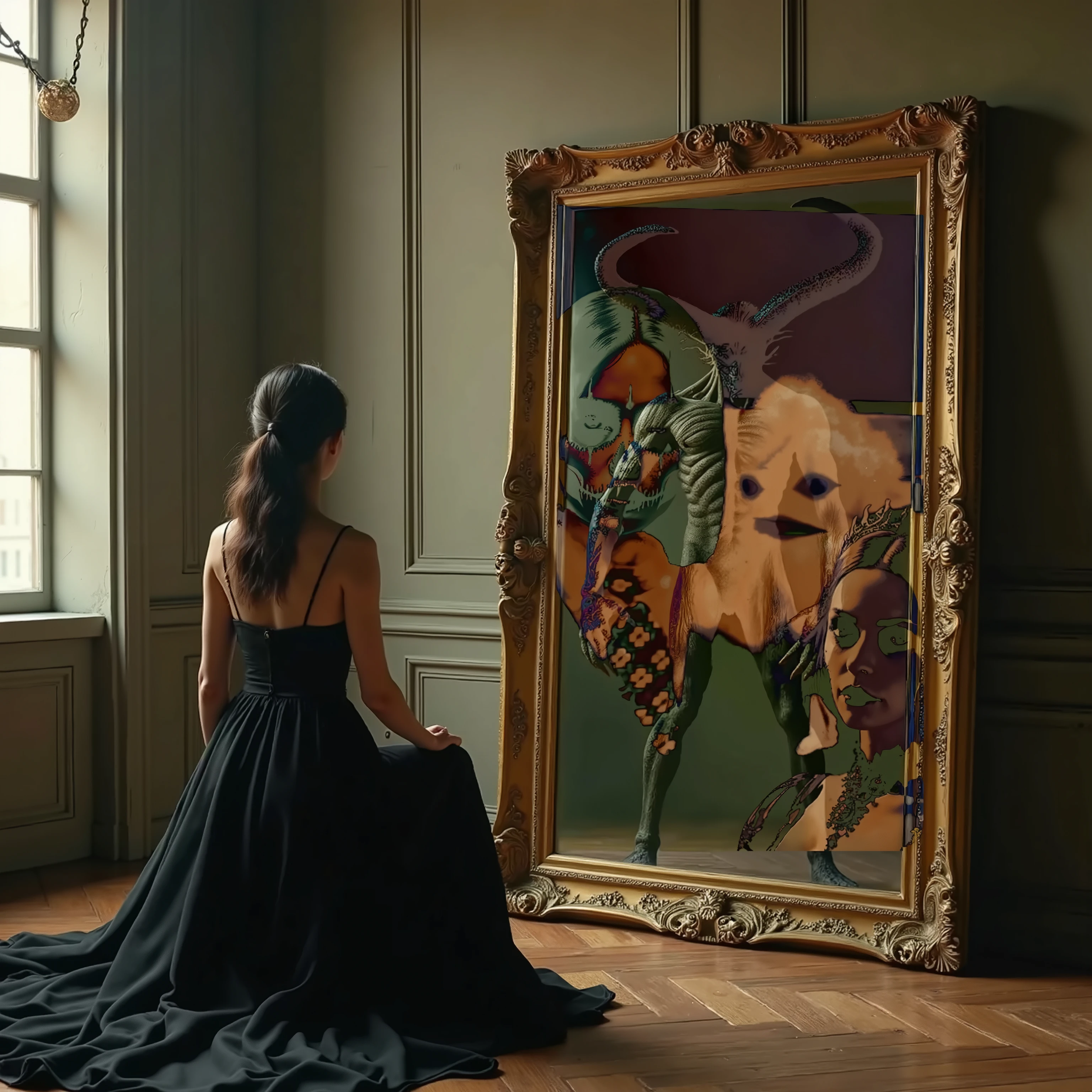 In a warmly-lit room with elegantly paneled walls and a large window allowing soft, natural light to enter, a young woman sits with her back to the viewer, gazing intently into a large, ornate mirror. Her attire is a flowing, black gown that cascades stylishly onto the polished wooden floor, enhancing the room's sophisticated atmosphere. Reflected in the mirror is a surreal and vibrant depiction that contrasts with the classical setting—a creature adorned with intricate patterns and bold colors reminiscent of a fantasy or dream. The bizarre and imaginative reflection stands out with a distorted humanoid form, displaying exaggerated features and whimsical elements, indicative of creative expression in art. This juxtaposition between the real and the fantastical infuses the scene with a sense of mystery and wonder, inviting curiosity about the boundless nature of imagination and self-reflection.