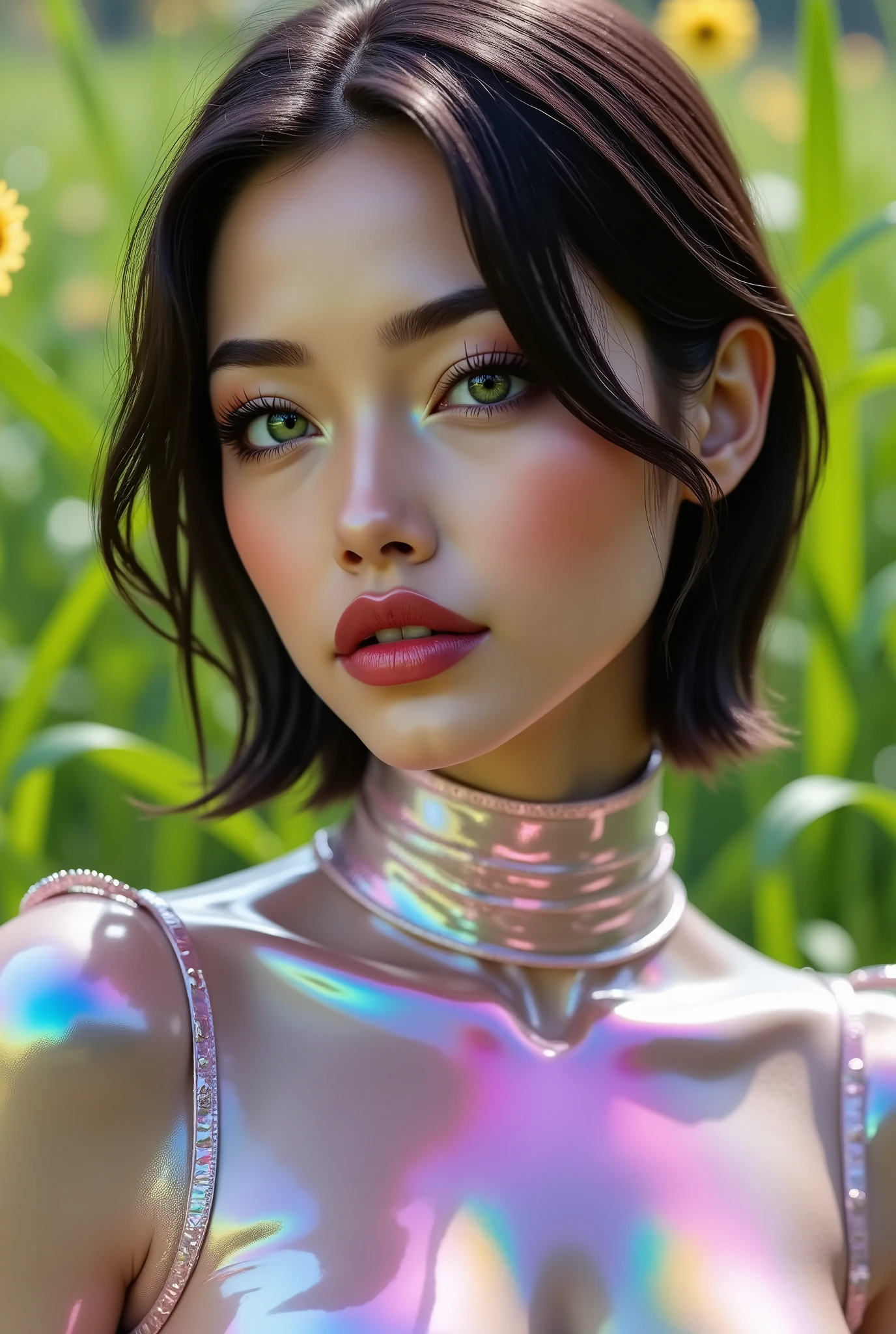 photorealistic Realism 8K, 16K Quality, ((Ultra high resolution Realistic eyes clear, sharp, absurd quality, not blurry)), \[face, makeup]:[eyes:green:1.3][long eyelashes:blue:1.33][perfect shadows for eyelids:pink:1.45][glossy lipstick:red:1.3], super detailed professional makeup on eyes:1.2, perfect composition, Depth of field, cinematic light, Lens flare, best high quality real texture skin:1.3, A woman with velvety skin:1.33), (short [black:hair], (wavy, combed up, behind the ear), extremely detailed:1.25)), photo of the most beautiful artwork in the world, professional majestic (photography by Steve McCurry), 8k uhd, dslr, soft lighting, high quality, Fujifilm XT3 sharp focus, f 5.6, ((perfect hands:1.2)),  ((perfect female body:1.4)), cute girl, ((firm and full breasts1.4)), (light pale complexion), (transparent color pvc (Super Shiny dark-golden Transparent Holographic Full Bodysuit:1.4)) , ((Ultra-stretchy-tighty bodysuit)), super reflective surfaces, ((ultra smooth (PVC material), Wearing tight fitting dresses:1.25)), ((in the  stadion Grass)), 