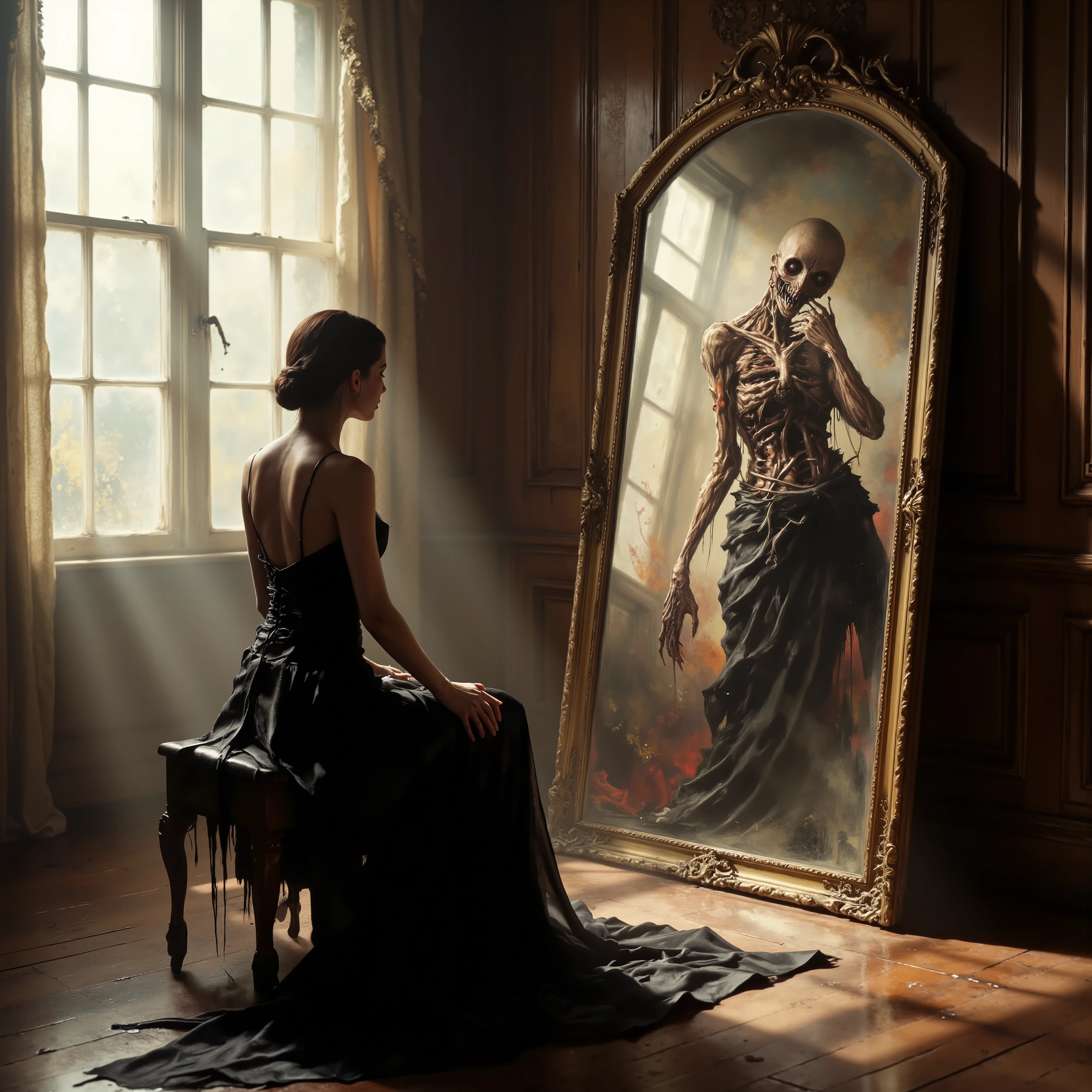 In a warmly lit room with elegantly paneled walls and a large window allowing soft, natural light to enter, a young woman sits with her back to the viewer, gazing intently into a large, ornate mirror. Her attire is a flowing, black gown that cascades stylishly onto the polished wooden floor, enhancing the room's sophisticated atmosphere. Reflected in the mirror is a surreal and vibrant depiction that contrasts with the classical setting—a background of intricate patterns and bold, menacing presence, and self-doubting thoughts reflect out with a distorted humanoid form, displaying exaggerated features and whimsical elements, indicative of creative expression in art. This juxtaposition between the real and the fantastical infuses the scene with a sense of mystery and wonder, inviting curiosity about the boundless nature of imagination and self-reflection. Highly imaginative, with claymation/distorted reality, along with the ultra-realistic character looking in the mirror. Spooky,16k, dramatic, impactful, powerful, dark fantasy art, stitched together body, unnatural anatomy, and a professional masterpiece. 