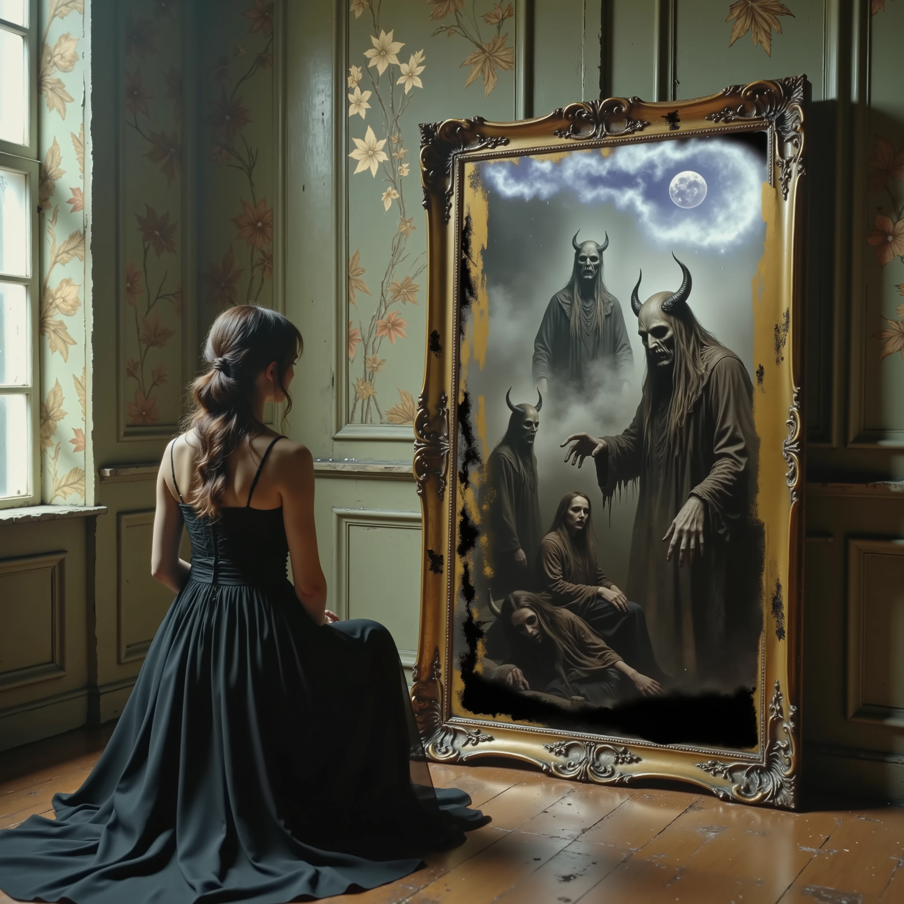 In a dimly lit, elegant room adorned with vintage wallpaper and wood paneling, a woman wearing a flowing black dress with lace details sits on a hardwood floor, her back to the viewer. Her hair is styled in loose waves cascading down her back. She gazes intently at a large, ornate mirror framed in intricately carved gold. 

The reflection in the mirror reveals a surreal and haunting scene, diverging sharply from the serene setting of the room. It depicts tall, imposing figures cloaked in dark robes, their heads adorned with prominent, curved horns, creating an eerie and otherworldly atmosphere. The figures are shrouded in a mystical fog, adding to the enigmatic ambiance. One of the figures gestures toward the woman, while others stand in dramatic poses, evoking a 
sense of foreboding and mystery. The contrasting elements of the serene setting and the dark, mysterious reflection create a captivating and thought-provoking image.
