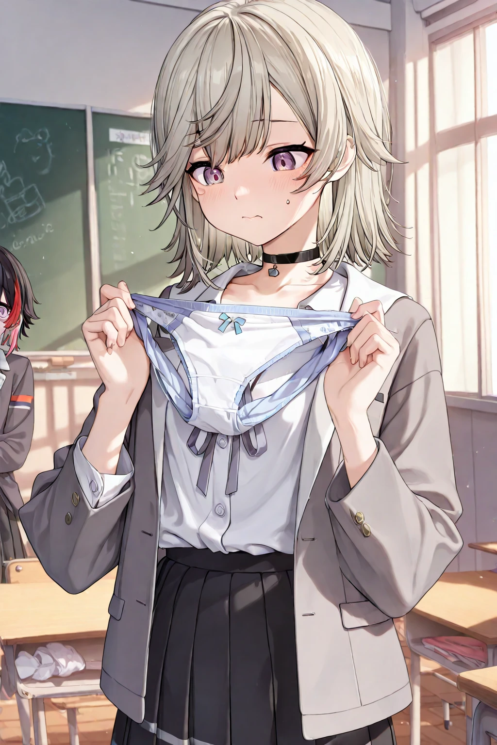 One Girl、As-、Laughter、Light in your eyes、shirt、blouse、Skirt、((classroom:1.5))、(Small Tits)Chirarism、movement、Upper body portrait、(skirt lift:1.3),(Highly detailed white panties:1.3)、(highly detailed panties:1.3)、、(スカート that rolls up:1.3)、(Panties fully exposed:1.5)
