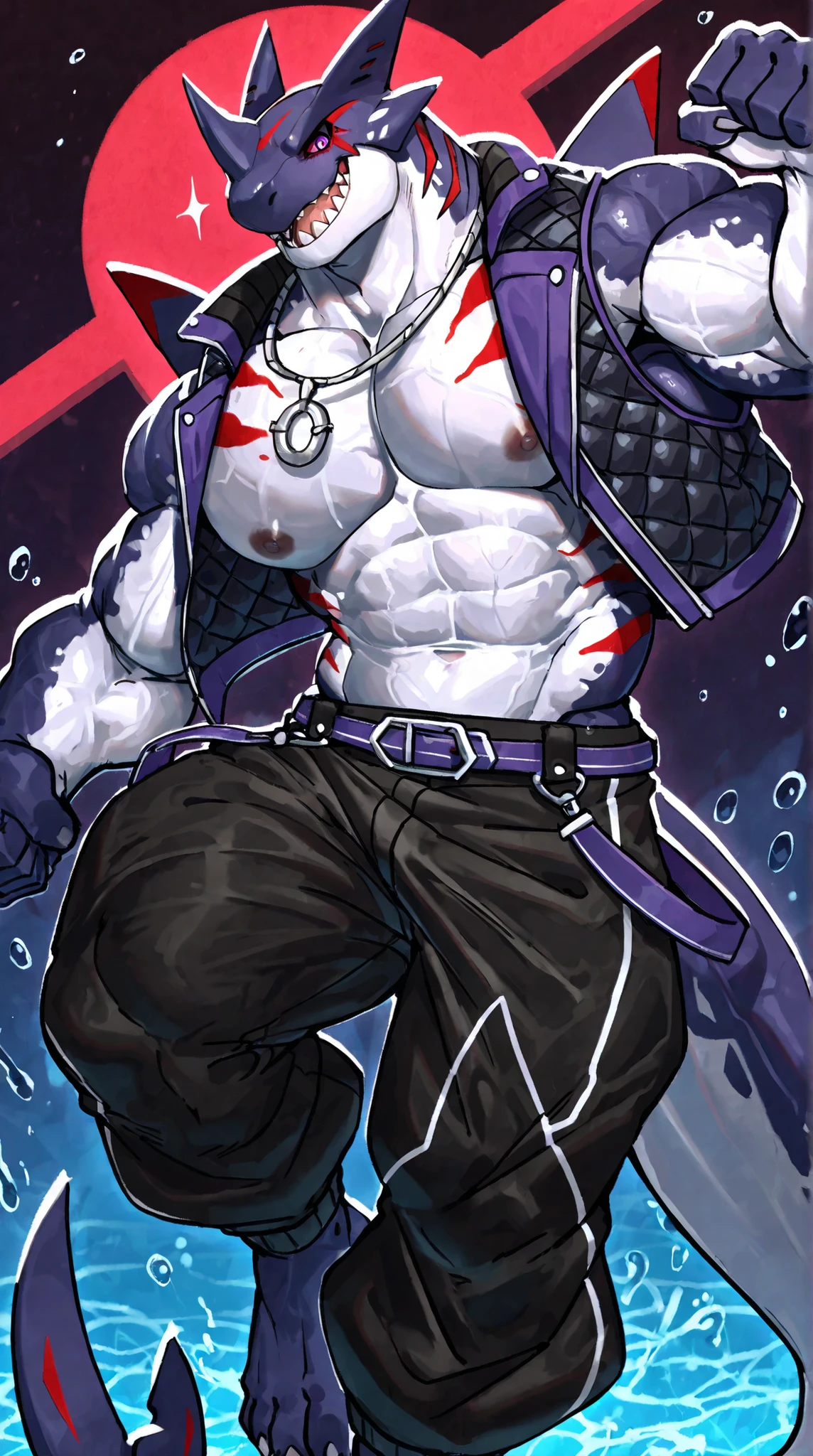 by 沃 vorusuarts2, masterpiece, best quality, deep sea background, male, 1 man, anthro megalodon, Navy koholasaurus, furry shark, purple eye, under eye red line, Red makeup under the eyes, multicolored red and violet skin, muscular, muscular build, wide , beefy, fins on arms, bulky body, a silver necklace, purple and black padded vest, balck baggy pants, a dynamic posture, dynamic camera view, looking at viewer , zoom, VorusuArts2 render, VorusuArts2 style,