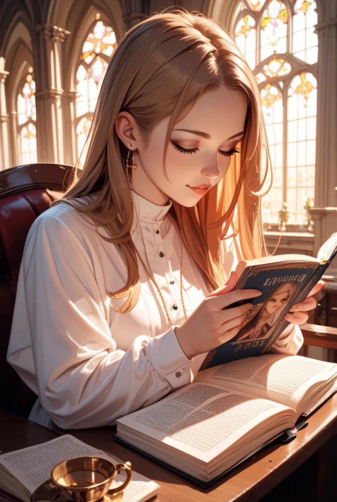 Elizabeth Olsen reading magical books in the library