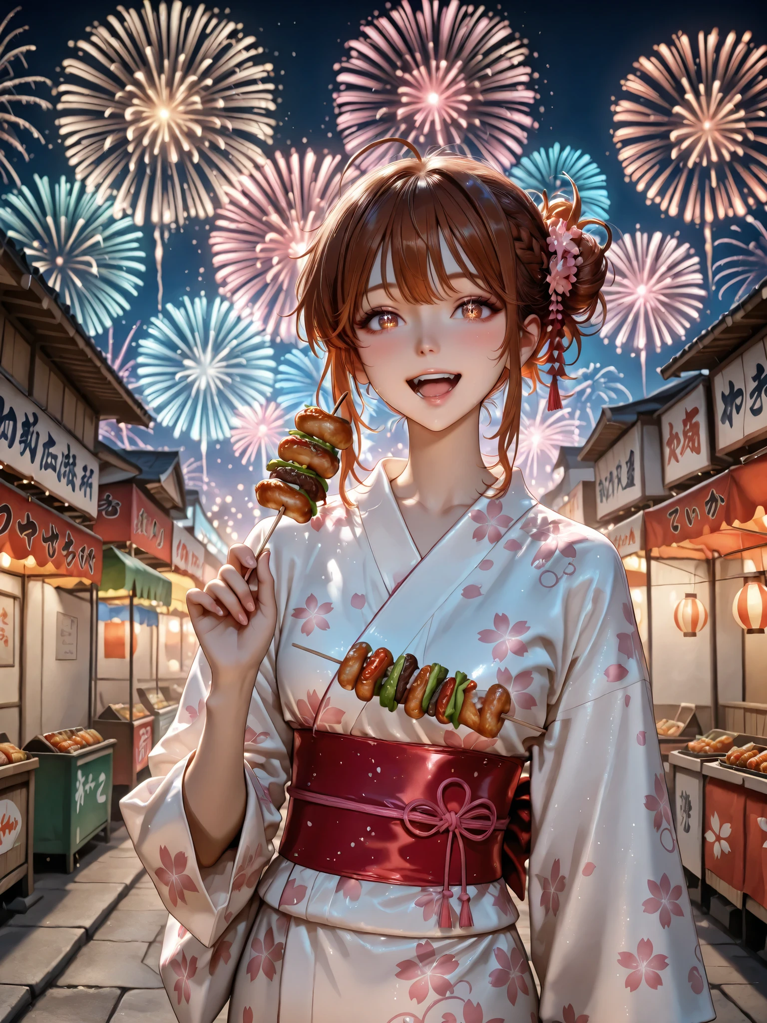 Horny anime girl in white yukata with red sakura flowers, her medium-length brown hair collected into the sloppy side bar, stands next to the festival food court, is eating a skewer of fried yakitori, bright fireworks, exploding against, , her eyes shine with delight, and her mouth is slightly ajar when bitten, , a lively night market scene with bright lights and a joyful atmosphere, dynamic and expressive anime style