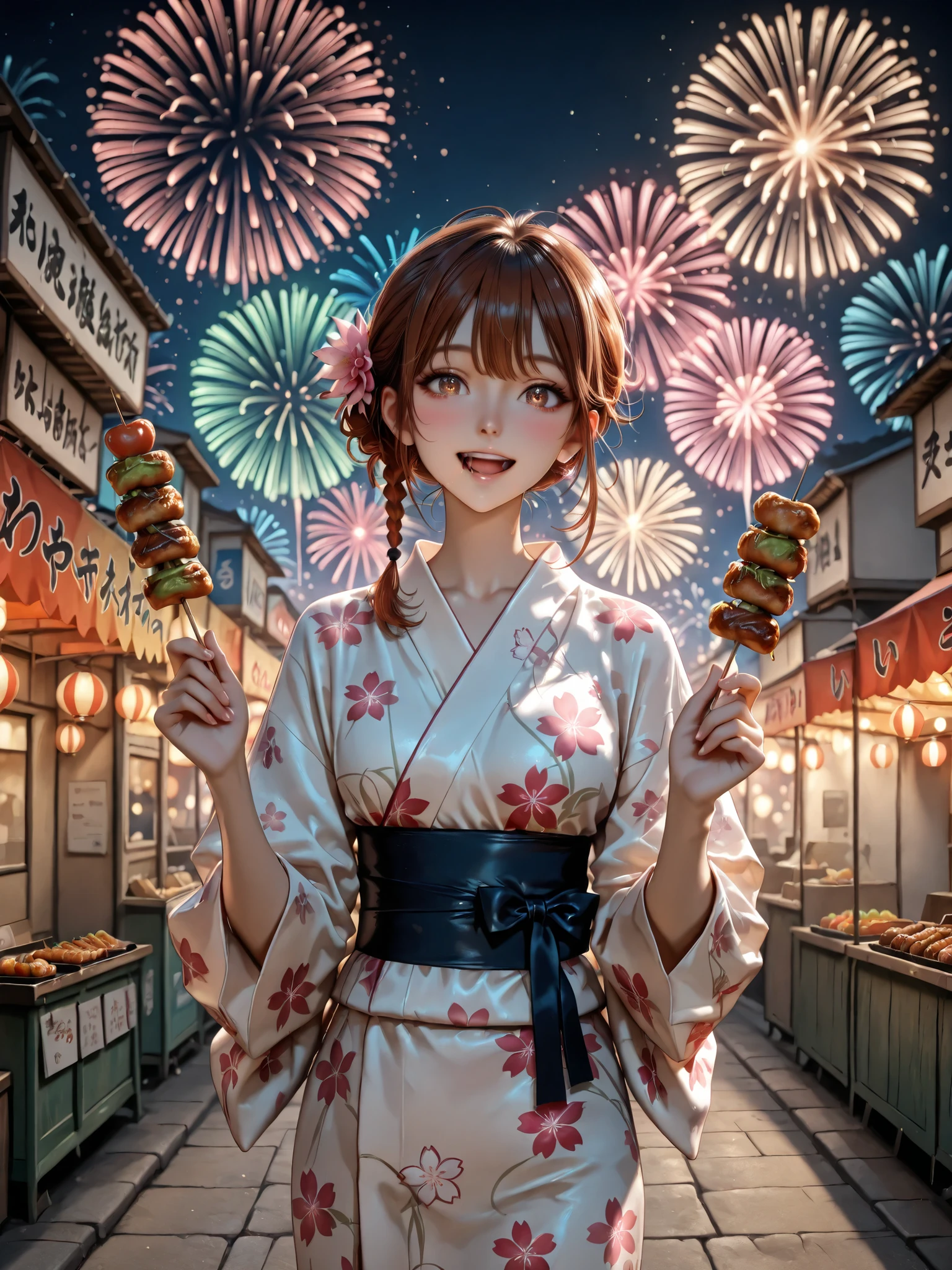 Horny anime girl in white yukata with red sakura flowers, her medium-length brown hair collected into the sloppy side bar, stands next to the festival food court, is eating a skewer of fried yakitori, bright fireworks, exploding against, , her eyes shine with delight, and her mouth is slightly ajar when bitten, , a lively night market scene with bright lights and a joyful atmosphere, dynamic and expressive anime style