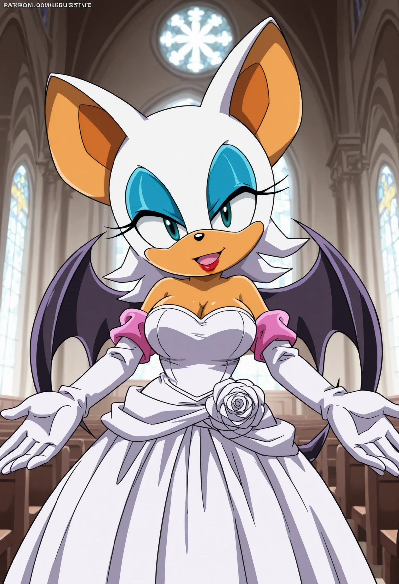 Rouge the bat, Sonic, 1 girl, mobius unleashed artstyle, cyan eyes, looking at viewer, seductive stare, red lipstick, happy, open mouth, smile, cleavage, bat ears, bat girl, tail, bat wings, eyeliner, furry, makeup, white hair, eyeshadow, white elbow gloves, white wedding dress, standing, head looking away, head tilt, outstretched arms, church background