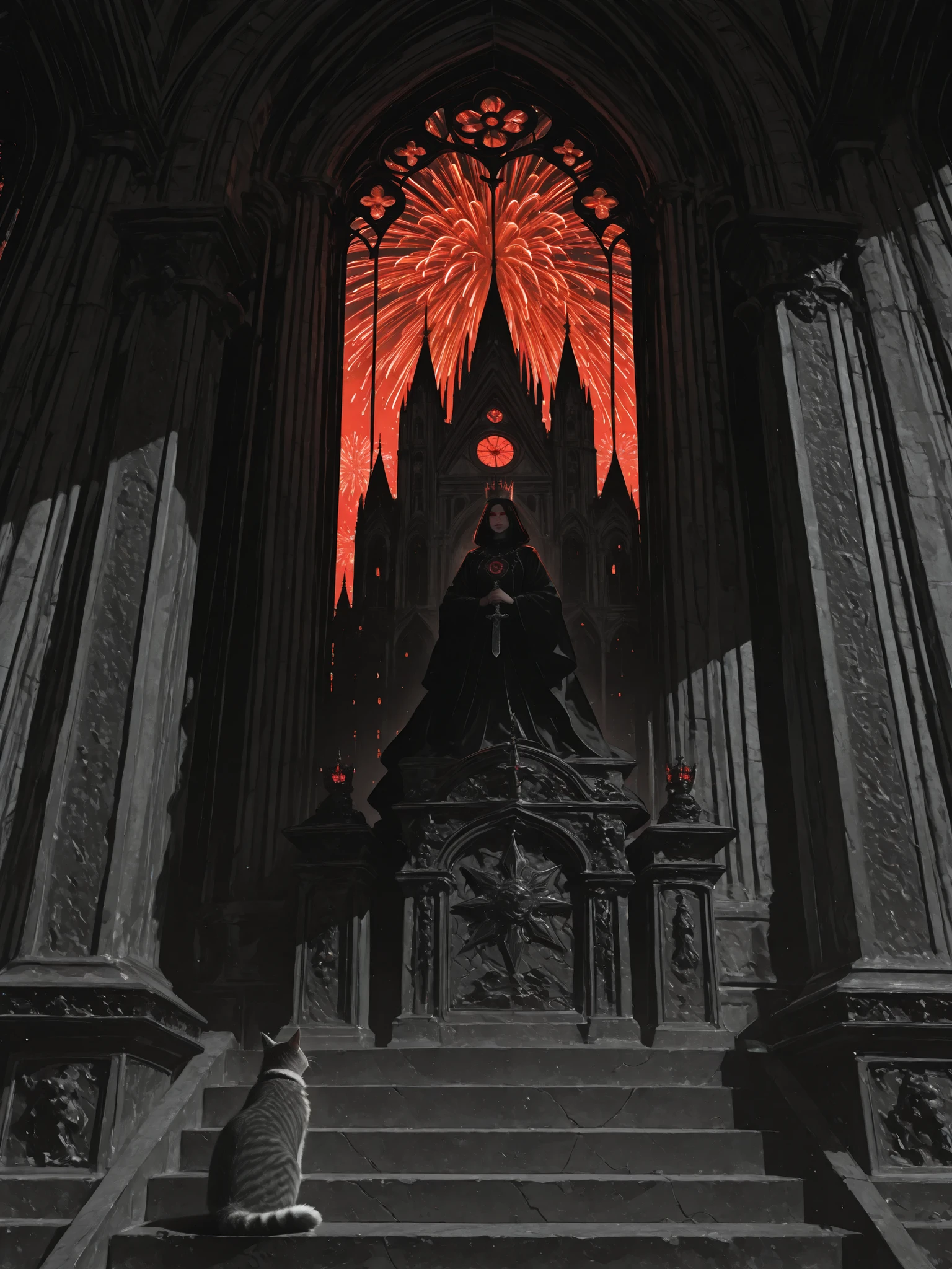 impeccable quality, super sharpness, photorealism, royal grey cat on a massive stone throne, ancient black demonic crown with rubies and sapphires, long fluffy wool shimmers in the sun, the ruler's harsh gaze, red eyes, dark brocade robe, banners with heraldic symbols on the walls, torches create mysterious shadows, red and black monochrome, only red and black colors, cathedral windows in the background, Colorful fireworks