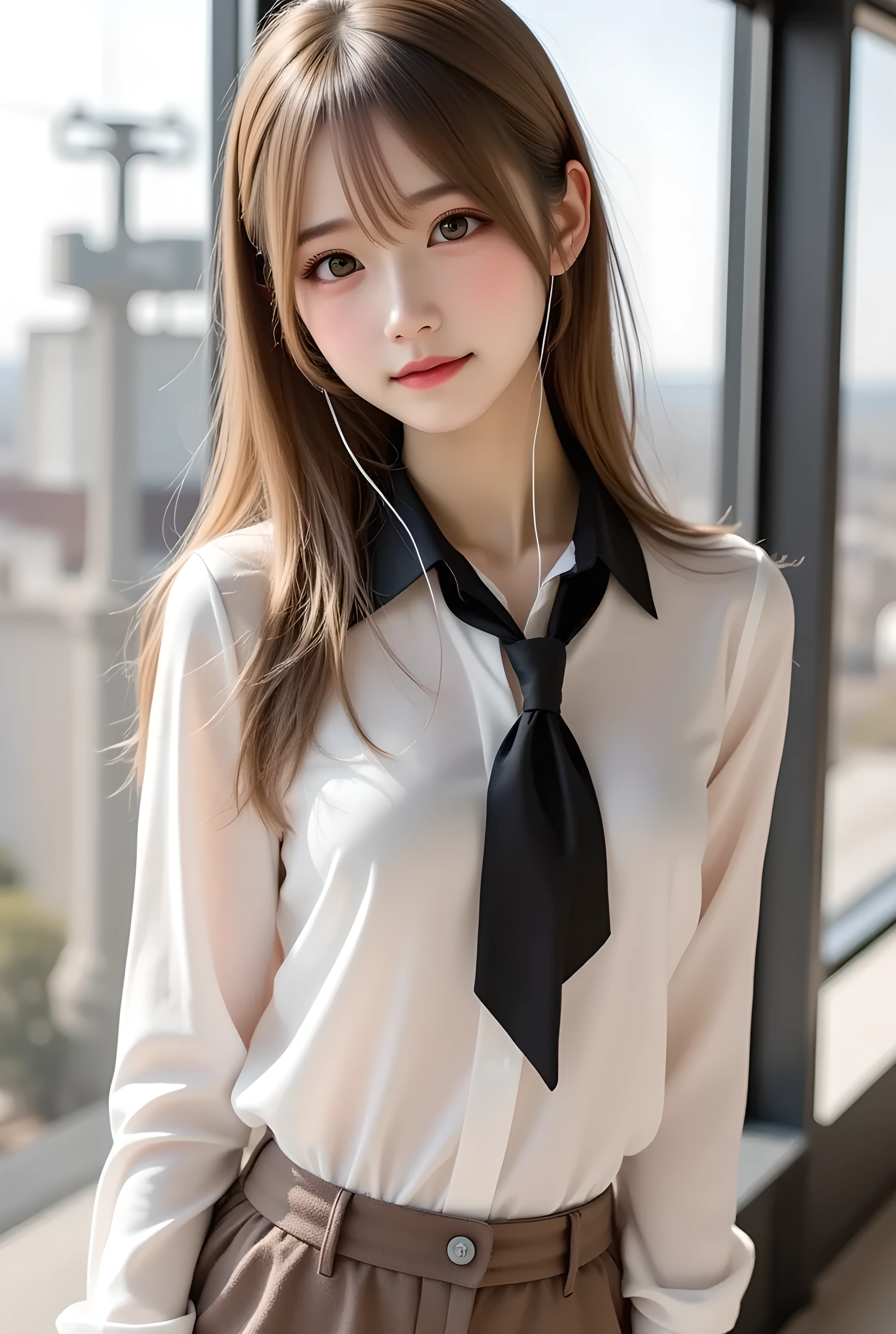Human tights, undercut hairstyle, (turn around and look), (Look at the camera), (Looked up), (High quality 16K anime), (Tall stature), Sweating,Delicate skin,(((Quiet smile))), (Photorealism), masterpiece, best quality, portrait, Decent shirt(Realistic beautiful asians), Close up and soften everything, spotlight, (皮肤overtake白:1.4), golden make-up, Sharp focus, Detailed , overtake精彩的脸部细节, 19 years old, White shirt, 拥有一张overtake可爱的日韩台青年偶像脸, (overtake细致的眼睛), (overtake细致的皮肤), overtake级湿润多汁性感柔软的嘴唇, Soft Light, Perfect Yaoyao face, lifelike, (Correct finger), The light is bright, overtake极简风格: Practical, Photorealism, photography, (Black web collar that tightens the neck:1.9), (Very strong physique:1.9), ((((((overtake)))))), Single Ponytail, (Pretty Face:1.9), (((wearing wet white and shirt))), (Extremely detailed face:1.9), Placed in the center of the temple), 、 Raise your hand, No trace, , spark, Female Head, (Integrate with plump body), The light is bright, Perfect hands, The fox spirit in the body, The fox's mind controls this body, The fox soul in this body, A smile, Thin eyebrows, Huge weapon with Kitagawa Keiko，(((((hazy)))))，