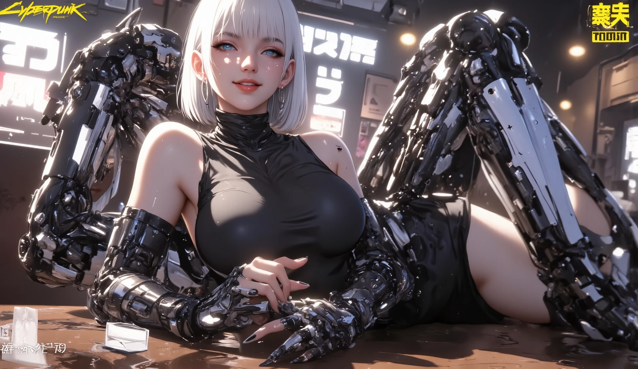 ((masterpiece)) (best quality , masterpiece) , (Cyberpunk2077 gal) , (meticulous and intricate cybernetic arms and legs) ("Cyber Hunter") , () , (day grey hair , short with bangs) , (Sensual blue eyes , sensual smile , teeth , middle chest) , (Generous curves) , (Wearing a rubber leotard sleeveless , middle chest , golfing , sleeveless) , ( on the table ) (Cyberpunk cafe , Tokyo 2077) (photo)
information