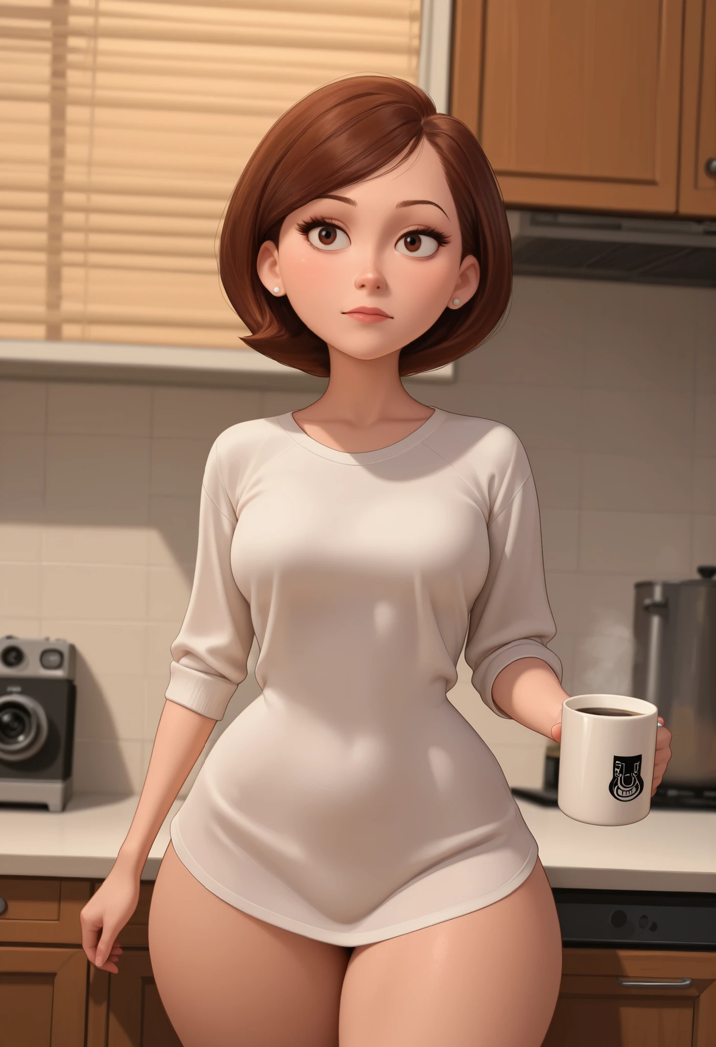 Helen Parr , mature female, medium hair, Bob_cut, brown hair, brown eyes, big eyes, long eyelashes, medium breasts, narrow waist, thick thighs, huge hips, fair skin, thin hands, earrings, makeup, pink lips, lipstick.|  (masterpiece), (ultra-realistic), (8k), portrait, ¾ body shot, build, wearing an oversized T-shirt and no pants, standing in profile at a kitchen counter, holding a coffee mug, (((looking away from the camera))), morning light through blinds creating moody shadows 