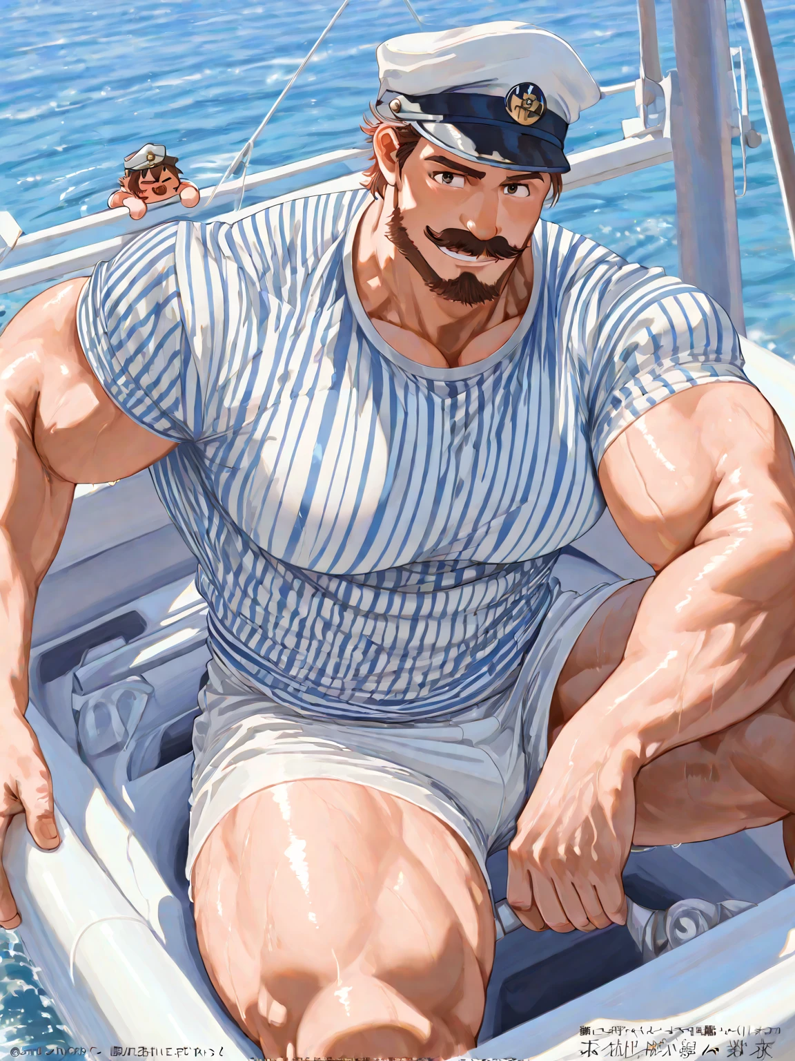 Very attractive sailor in his 40s, con musculos, tatuaje de ancla y sirena, fuma de una pipa, en la popa de un barco mira hacia la costa mientras se aleja el barco, con ojos melancolicos, con la camisa azul abierta con mucho vello en el pecho, bigote largo, y gorra de marinero.