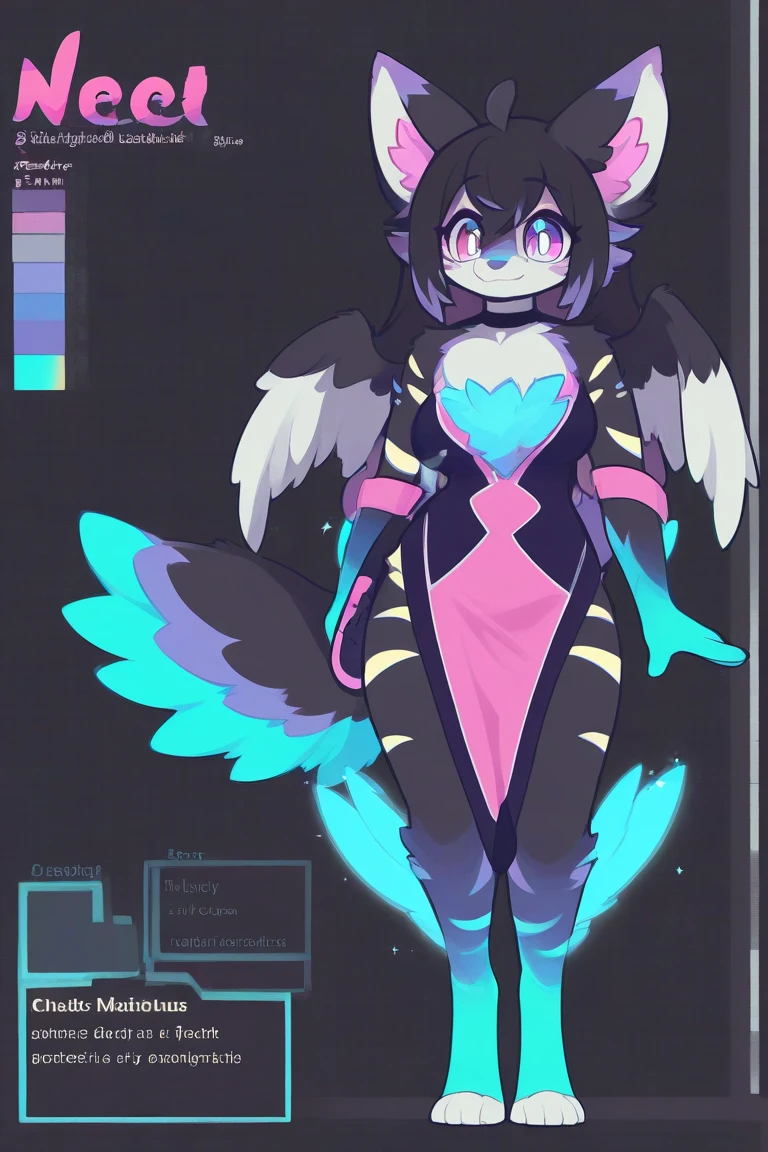Anime style, full body double sided character, cyberpunk Angel, robotic wings on the back, cat ear headset gamer