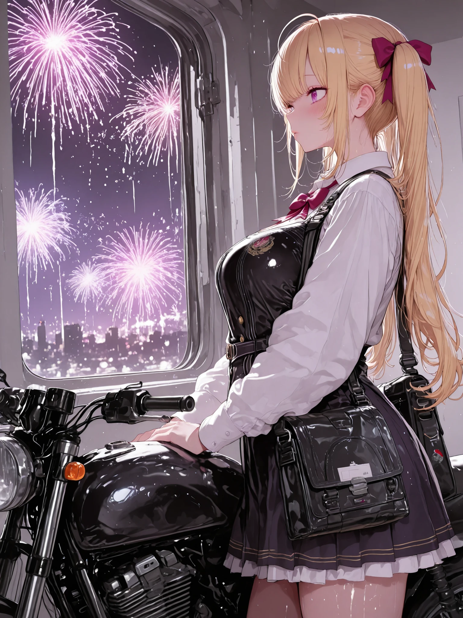 masterpiece, best quality, amazing quality, Very aesthetic, 
1 maiden, One, takamiya rion, nijisanji, Twintails, purple eyes, blond hair, medium chest,  Dark_ Art _style, 
detailed school uniform, detailed , 
shiny skin, mail courier on a motorcycle
city, from the side, cowboy shot, dutch corner, Food delivery in an iron bag, Fireworks outside the window