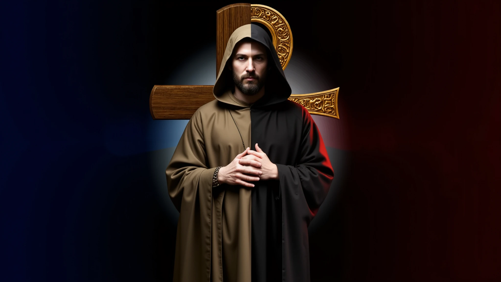 Realistic portrait of Cyprian of Antioch seen from the front, half dressed as a monk in a brown habit with a serene expression, half as a wizard in a black robe with a spiteful expression. Black background. Diffused lighting from above: the saint's side (left) illuminated by bluish light, the wizard's side (right) by red light. His hands are joined at his chest in the center of the image. In the background is a cross, half a wooden Latin cross on the saint's side and half an Egyptian cross (ankh) in gold on the wizard's side. Realistic style, high definition.