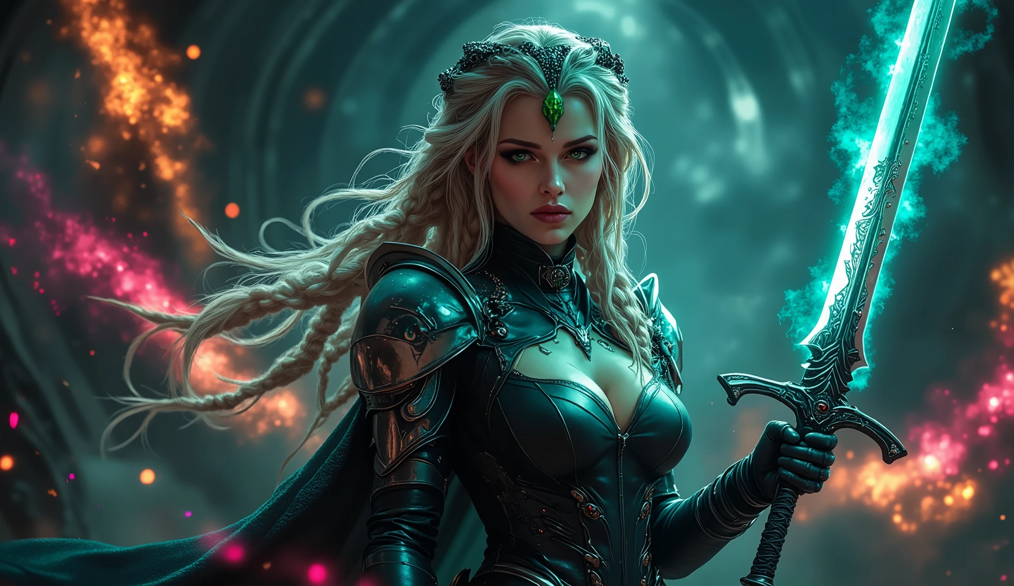 EE_Und, hochwertig, digitale Malerei, (best quality), hochdetailliert, das Schwert haltend, high-quality sword, (Big gun), (Bubiklingen:1.2), Beautiful blade, (Angriffsstellung), Aktionspose, oversized iron sword, girl, mechanical arm

Her penetrating, radiant emerald green eyes radiate intense magical energy from, as her pale skin with artistic, soft glowing tattoos decorated in bright neon colors is. Die Tattoos, running across her arms, Brust, und Hals, schwach pulsierend, that indicate her immense arcane power.

Her face is filled with flowing platinum blonde Hair framed, accented with delicate braids, and decorated with an artistic emerald green tiara on her forehead. She is wrapped in open-hearted clothing, futuristic leather-inspired armor, artfully designed with glowing neon inlays, that seamlessly merges with her glowing tattoos. The sharp contrasts between the glowing neon lights and the dark, shady Textures of her outfit create a dramatic and fascinating aesthetic.

Her hand is raised , surrounded by swirling magical flames in cyan and magenta, casting dynamisch, shadows moving across her shape. The background is an abstract, dark emptiness of swirling fog and dimly glowing magical glyphs, creating an atmosphere of mystery and danger. The interplay of light and shadow underlines their commanding presence and the chaotic energy of their magic, while the glowing neon elements and tattoos create a sense of modern mysticism and unbridled power. Her posture radiates confidence and control, making her a vivid embodiment of elegance and raw, relentless magical power.