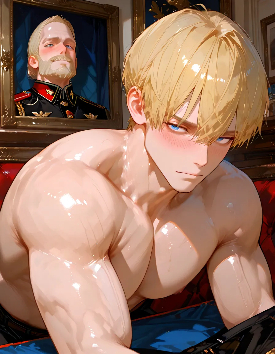 (((2 characters- A sexy blond young adult male russian soldier blushing and as he is getting bdsm spanked by his elder interracial colleague and captain gangbang))), NSFW, hentai, yaoi,((yaoi hentai)), porn, pubic hair, ((red spanked butt)), butt focus, ((art inspired by Ppatta’s yaoi hentai comics)), snowy setting, (((“mmm, ahh spank me harder,captain!!!”))), ((swollen spanked male blushing butt )), ((pants pulled down)),