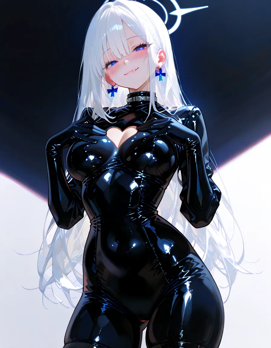 best quality, manga style, beautiful woman face, fear, horror-like smile, eyes and mouth painted in matte black, light up, background black, dark,evil smile,evil laugh at,looking at viewer,twintail,latex,elbow gloves,