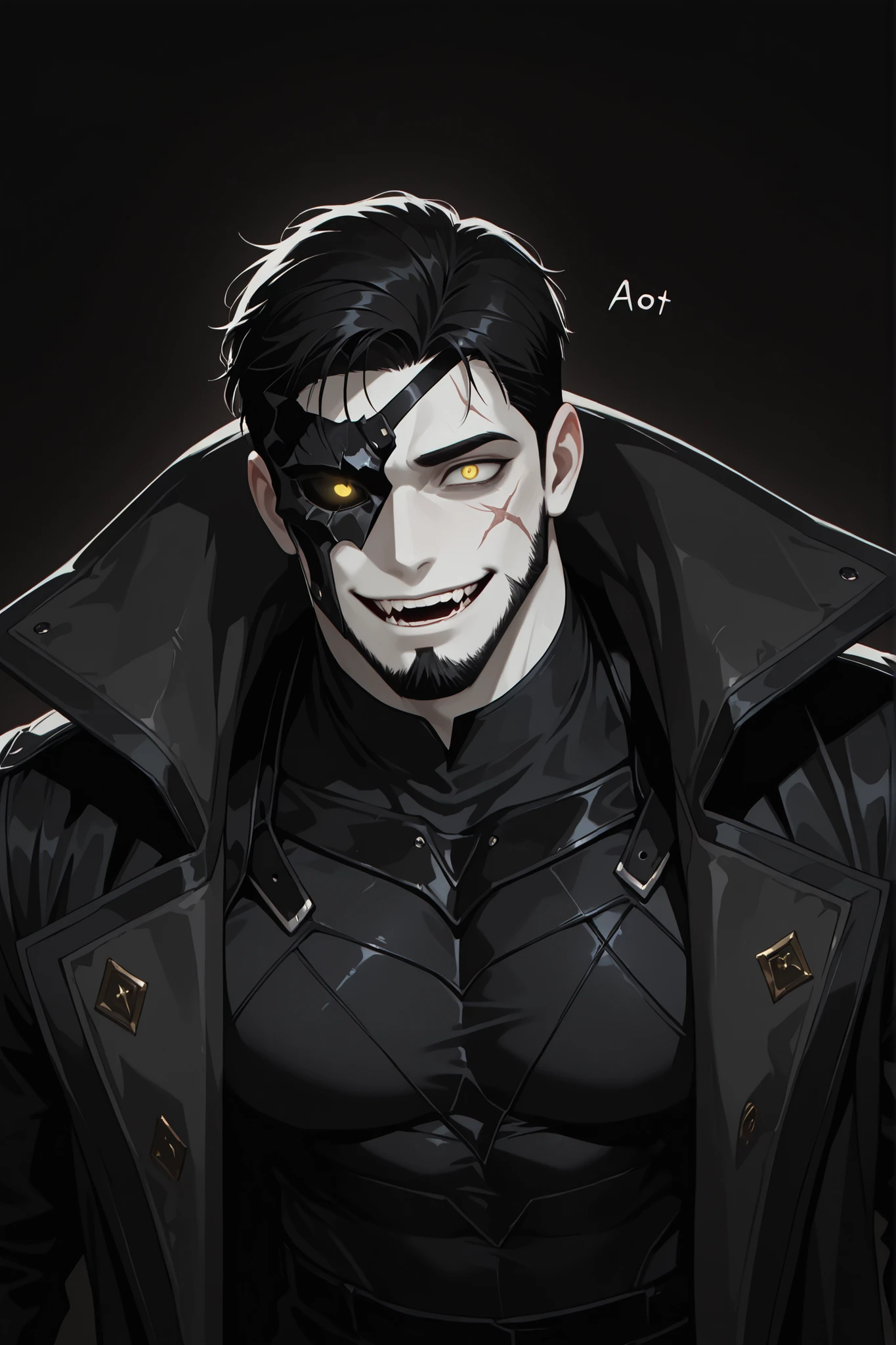solo, 1boy, dnd, mature male, pale skin, black hair, short haircut with shaved temples, yellow eyes, muscular body, crazy, a scar on his face, black half mask, scar on face, cut beard, crazy wide smile, detailed face, long open black coat with a high collar, form-fitting outfit under coat, black pants, black gloves, ominous vibe, eerie atmosphere, athletic, pose and expression suggest a lost of control and madness, BREAK dark background, portrait, upper body focus